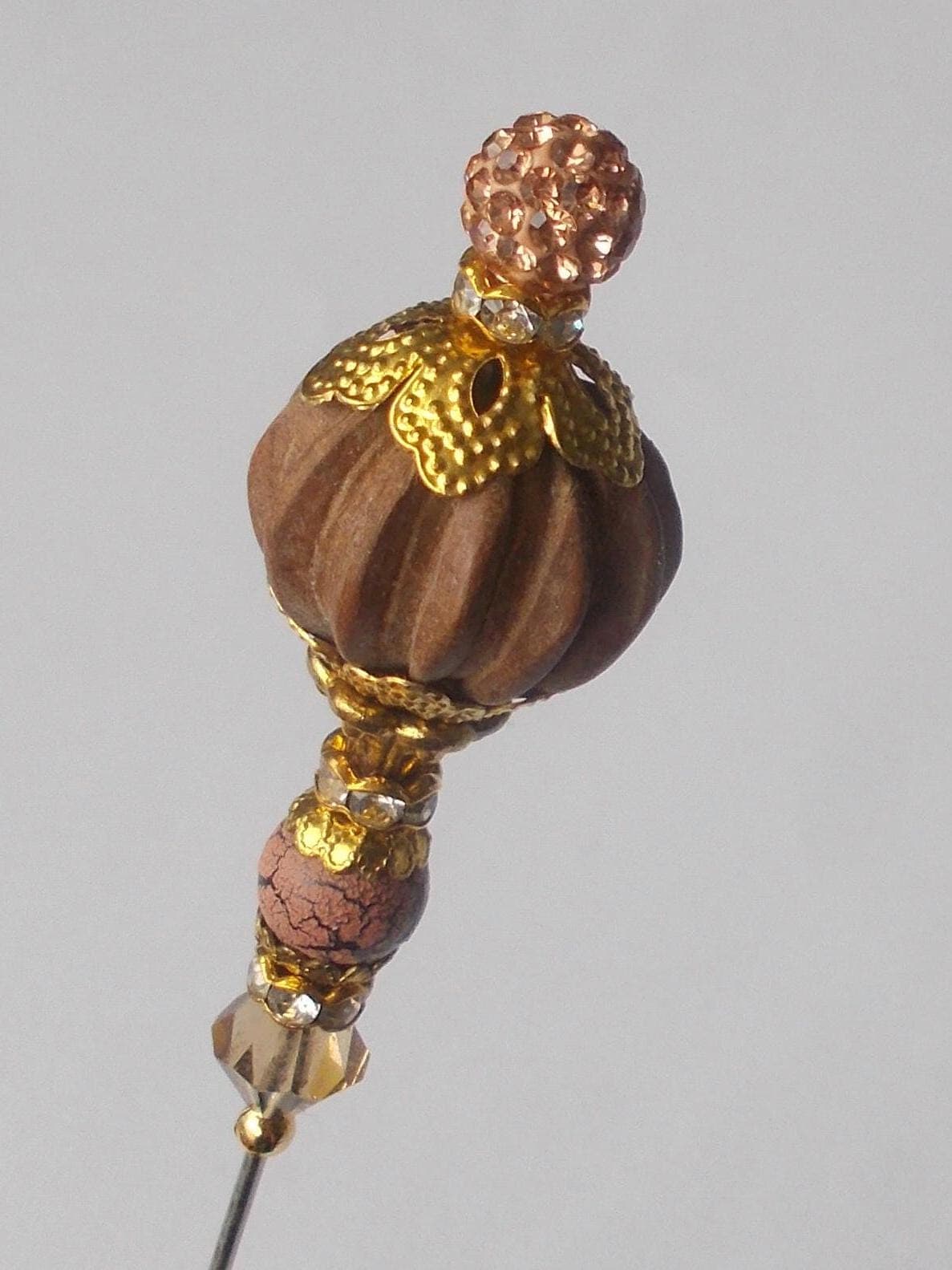 Vintage Style Hatpin: Handmade Wooden Bead & Rhinestone Accent - image 3