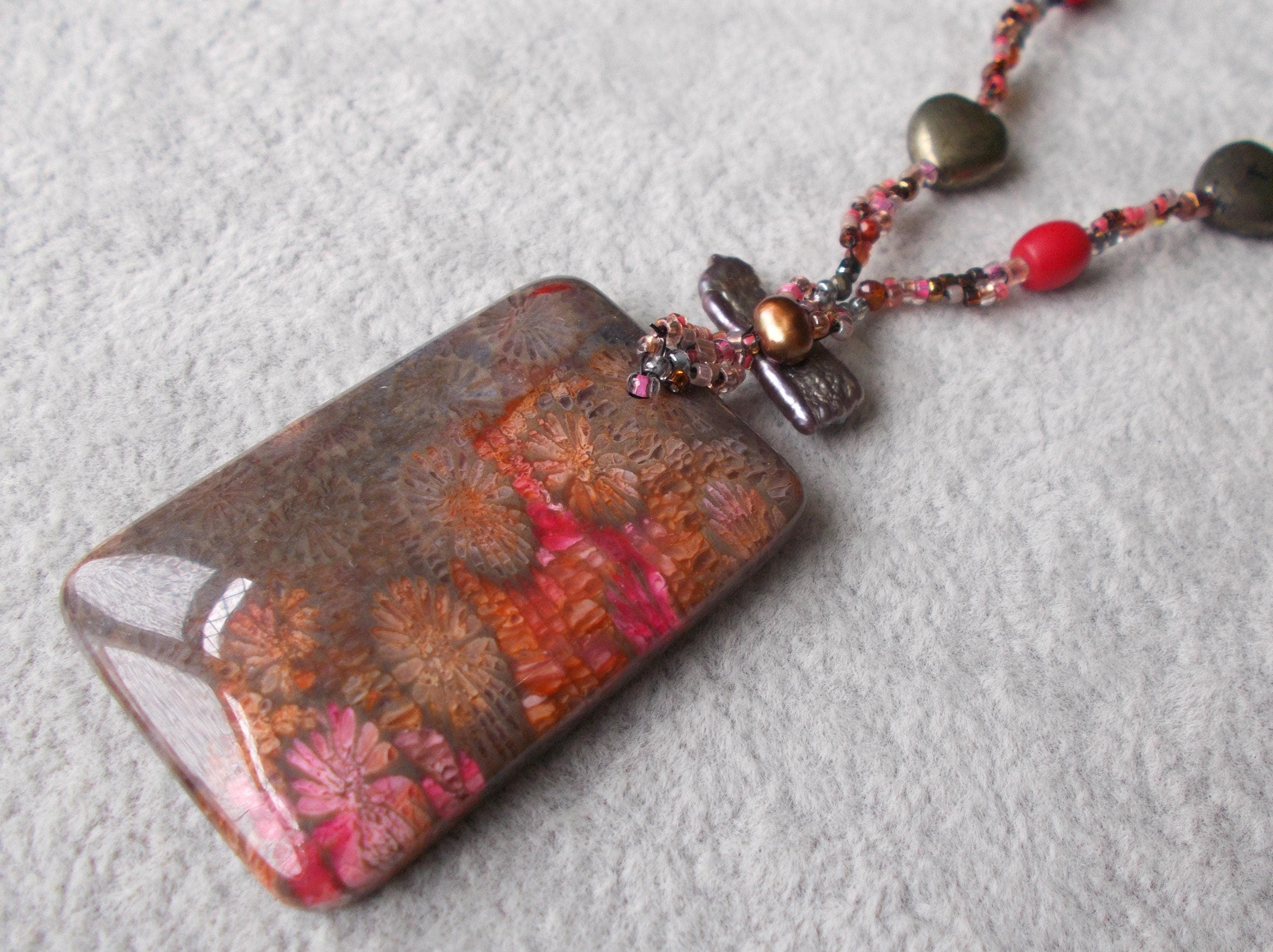 Fossilized Coral Pendant Necklace: Biwa Pearl, Garnet, Sterling Silver, 16.5 Inch