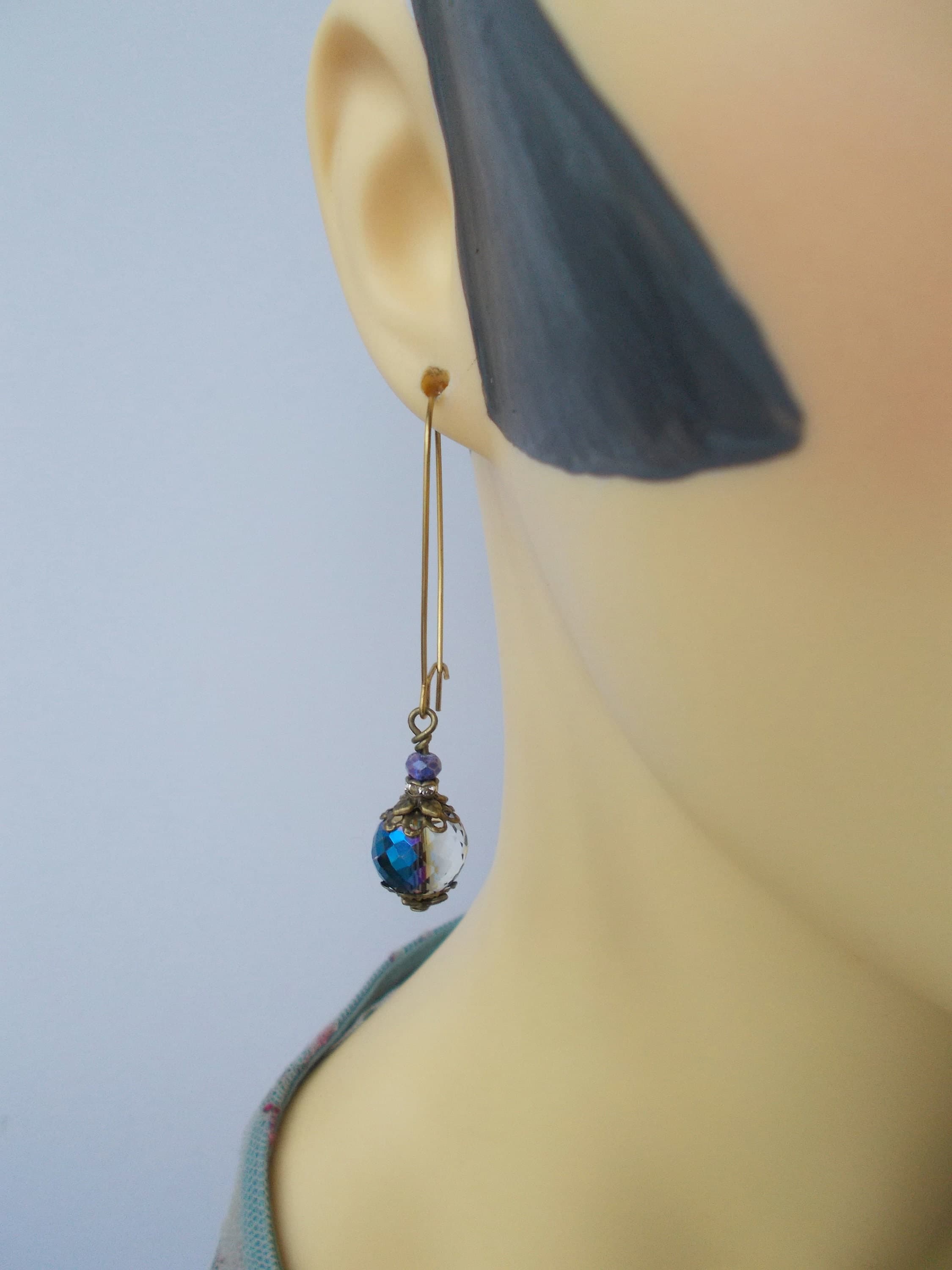 Handmade Crystal Glass Earrings: Blue & Clear Sparkly Brass Dangles - image 3