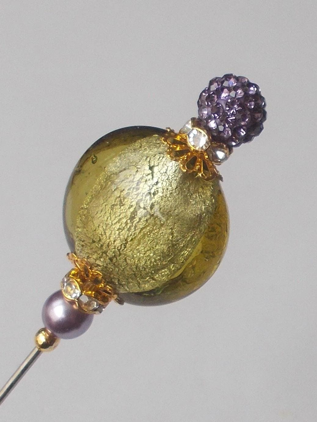 Handmade Pale Green Glass Bead Hatpin: Gold Tone Steel Pin, 6 Inch - image 4
