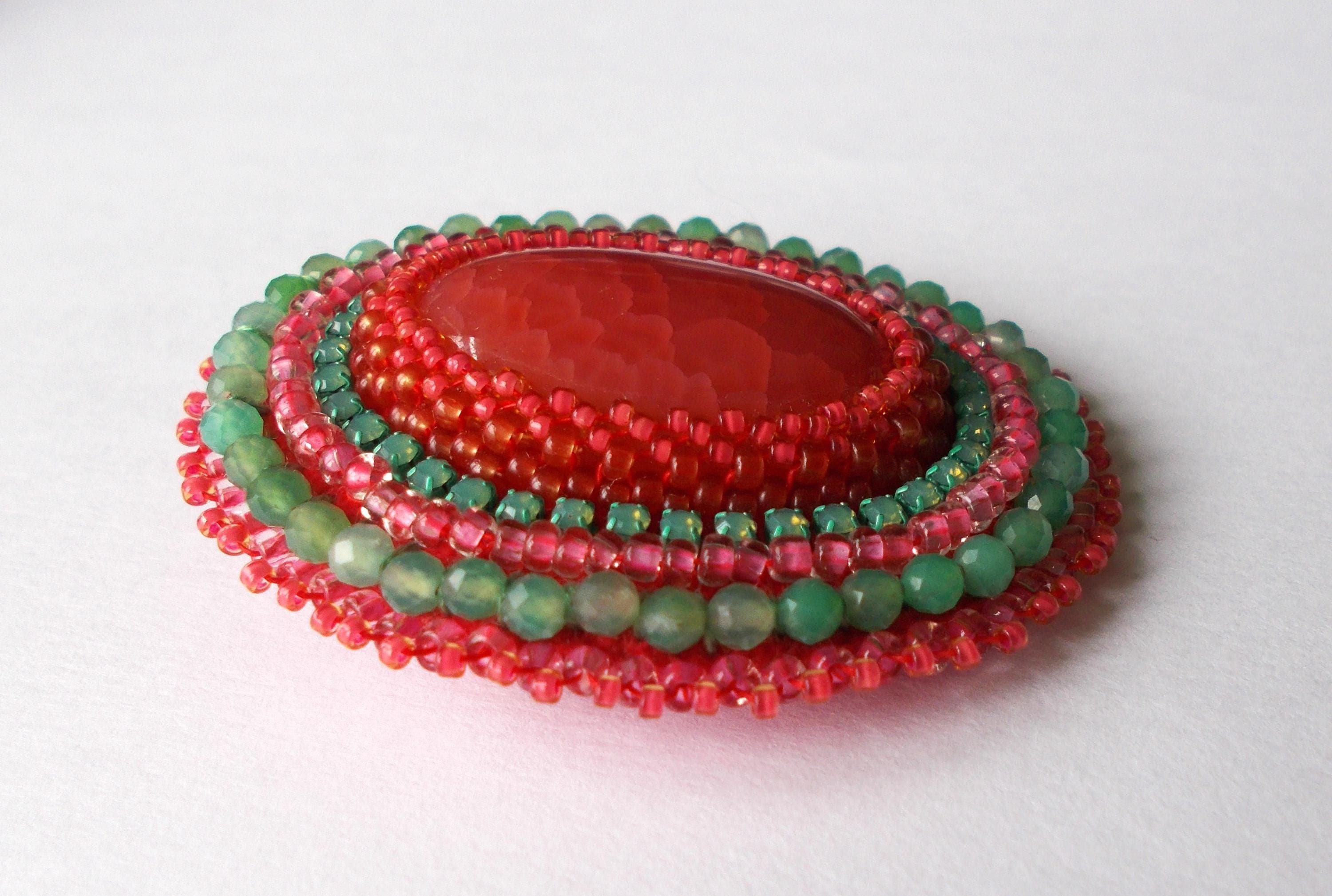 Brooch - Orange Agate Cabochon with Hand Beaded Chrysoprase Gemstones and Beadwork - Gold Colored Pin. - image 5