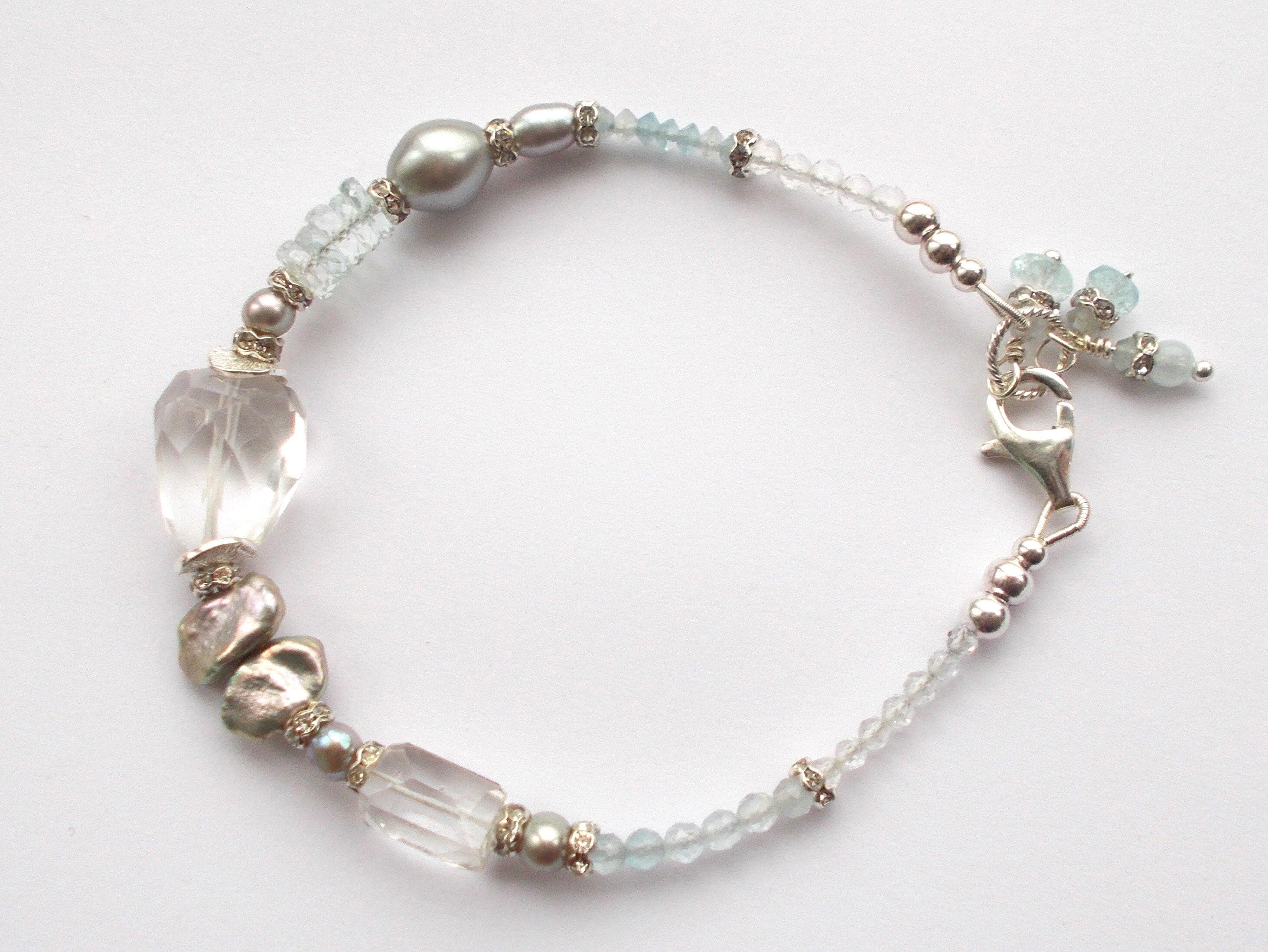 Aquamarine & Rock Crystal Bracelet: Sterling Silver Pearl Gemstone Jewelry