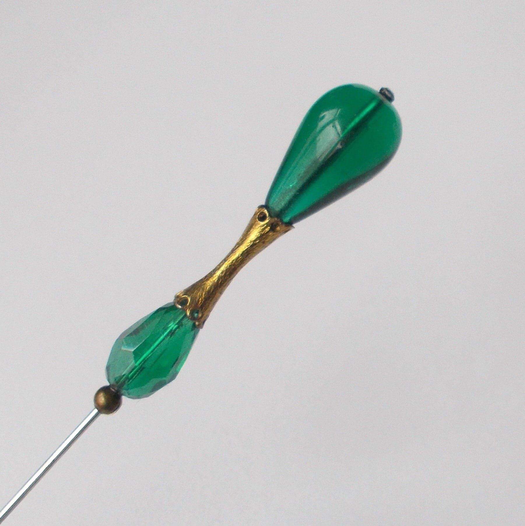 Emerald Green Glass Bead Hatpin: Vintage Brass Finding, Handmade - image 4