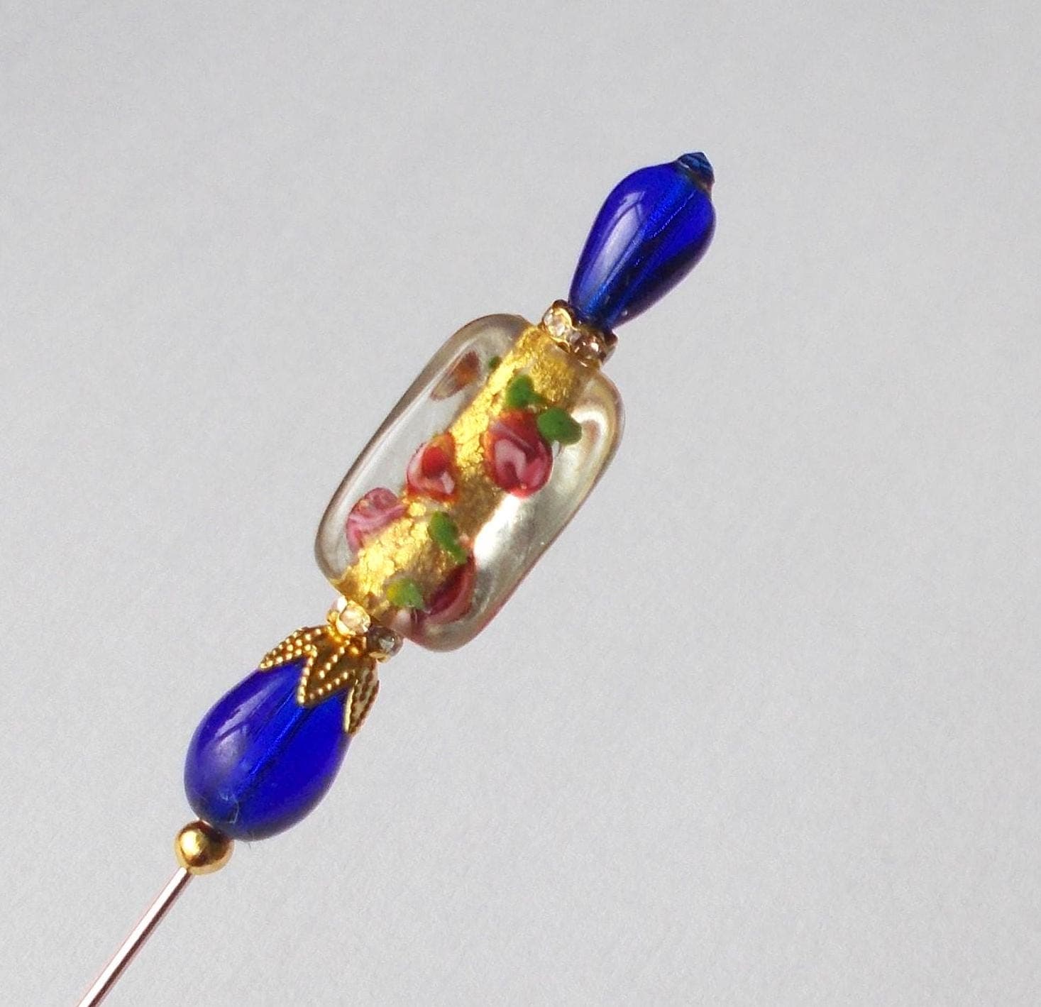 Handmade Gold Foil Floral Glass Hatpin - Cobalt Blue Accent