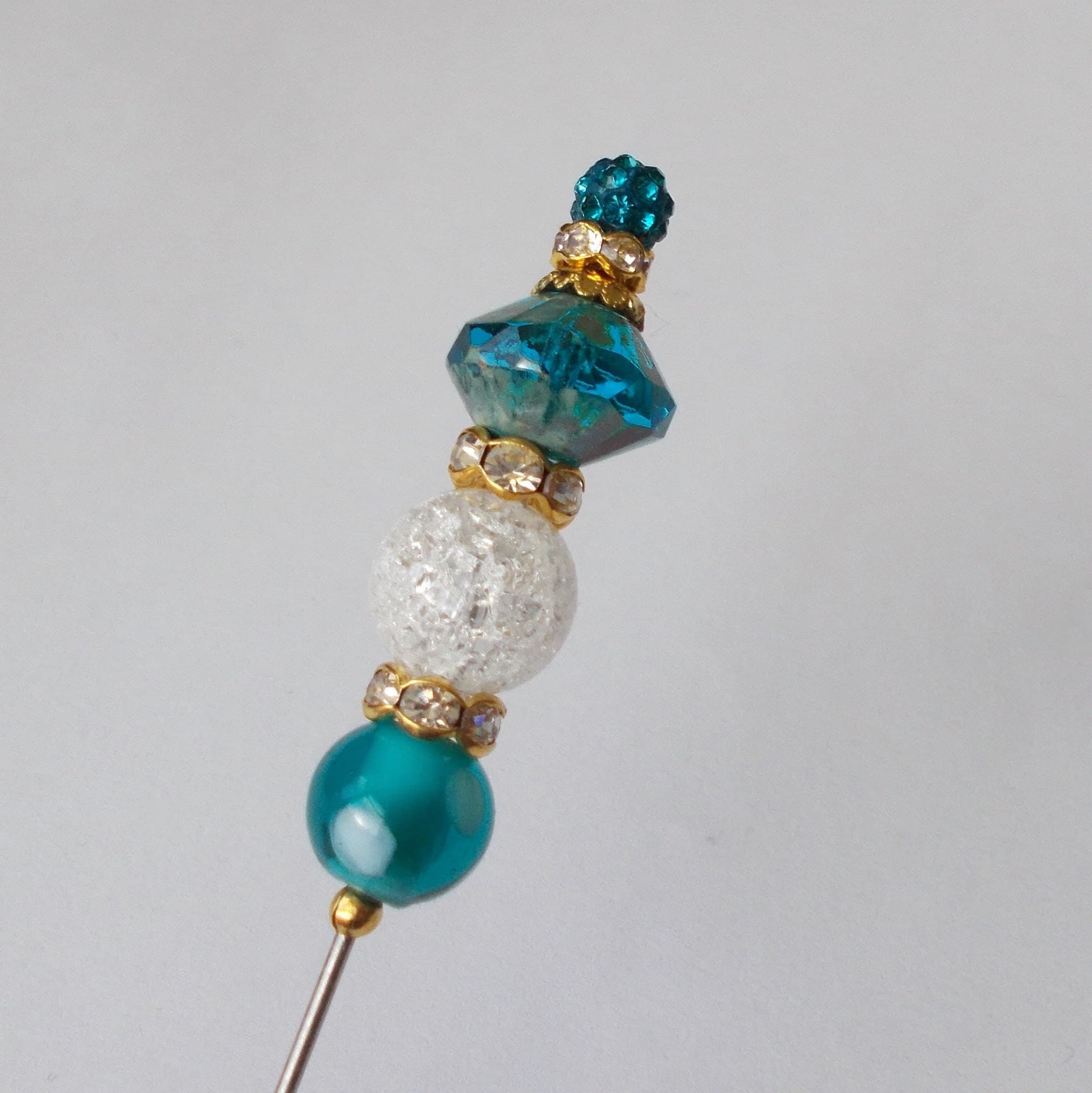 Teal Glass Bead Hatpin: Handmade Antique Style Steel Pin - image 5