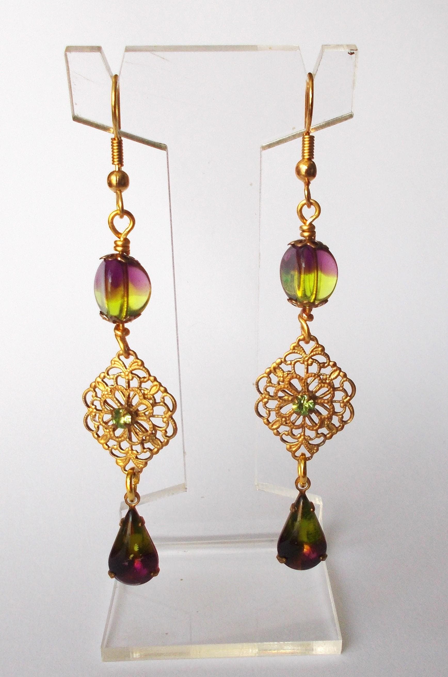 Earrings - Handmade Victorian Style Vintage Glass Beads and Rhinestones - Brass Findings - image 5