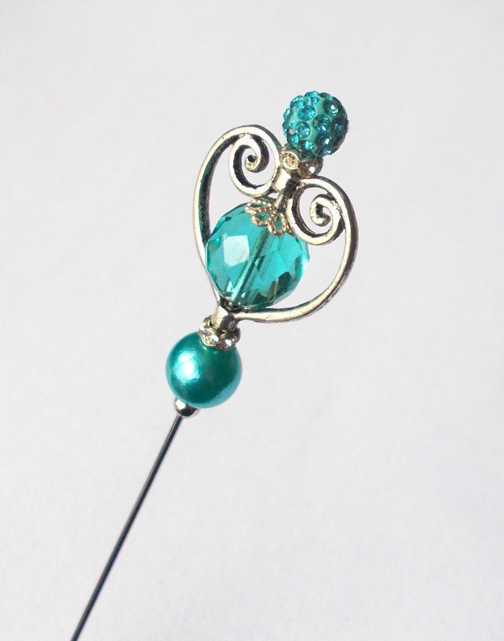 Handmade Silver Heart Hatpin: Blue Glass & Faux Pearl Bead - image 3
