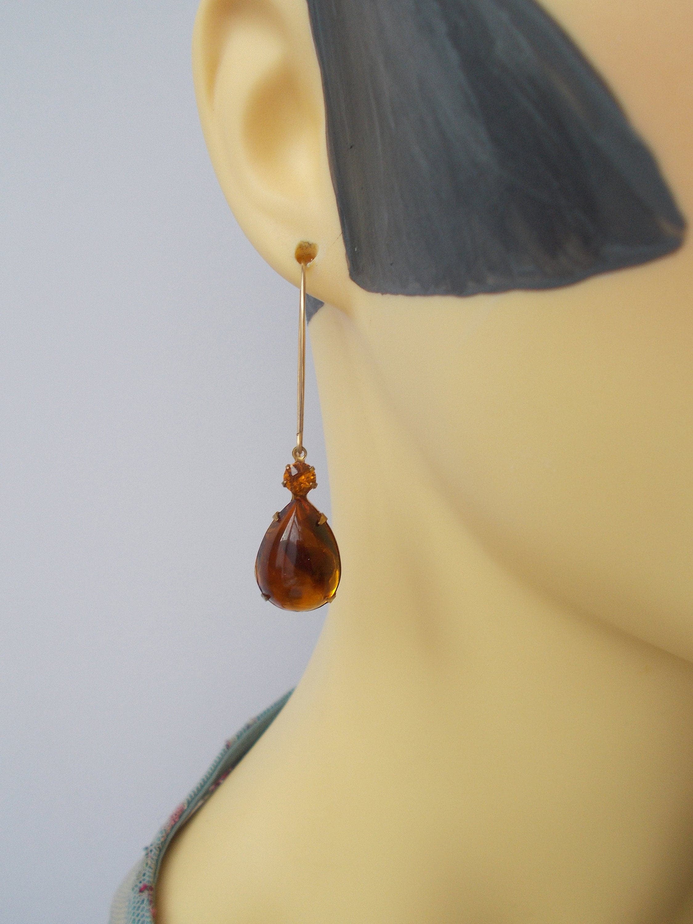 Vintage Faux Tortoise Glass Drop Earrings: Rhinestone Brass Findings