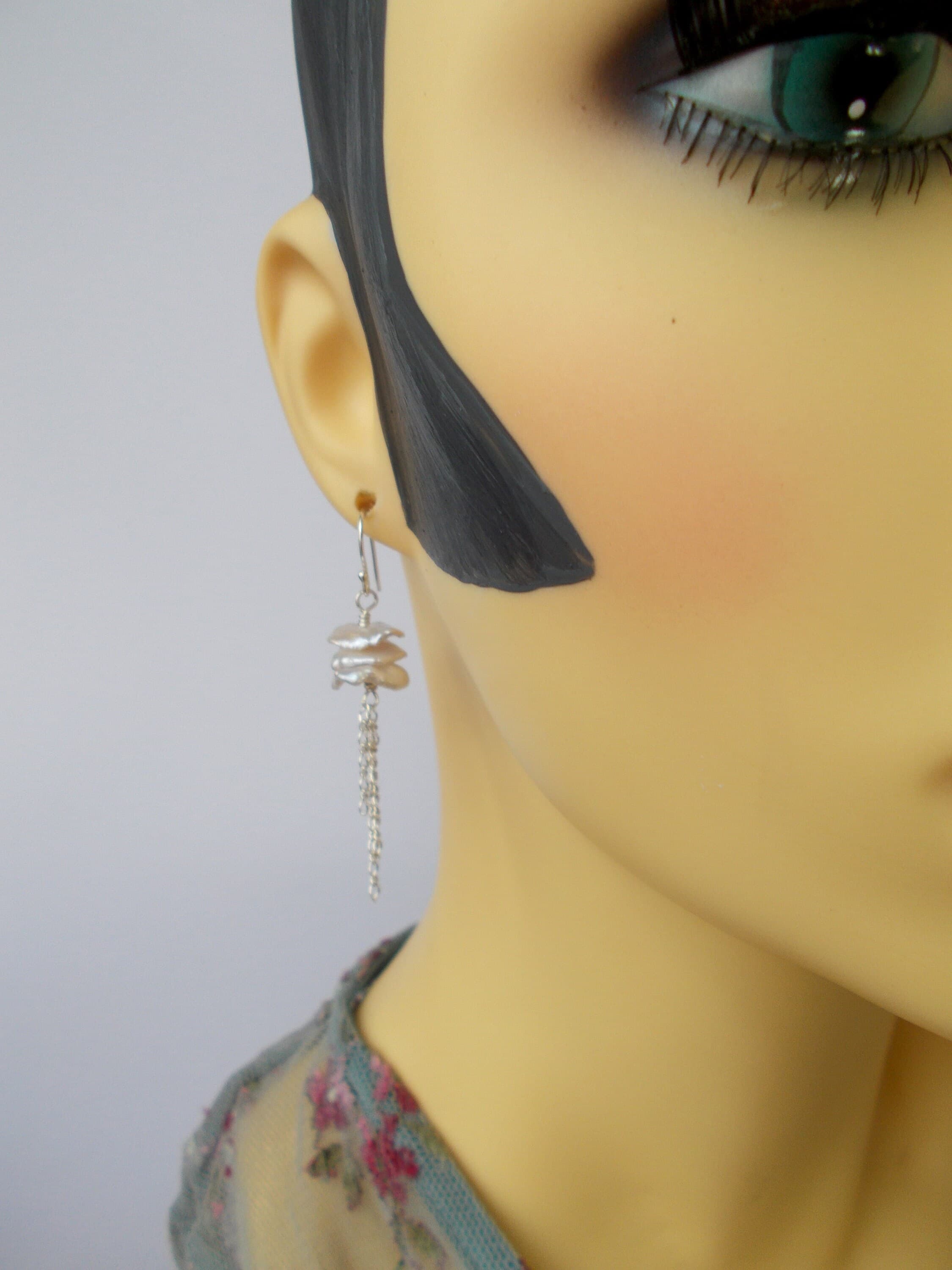 Iridescent Keshi Pearl Earrings: Sterling Silver Tassel, Handmade - image 3