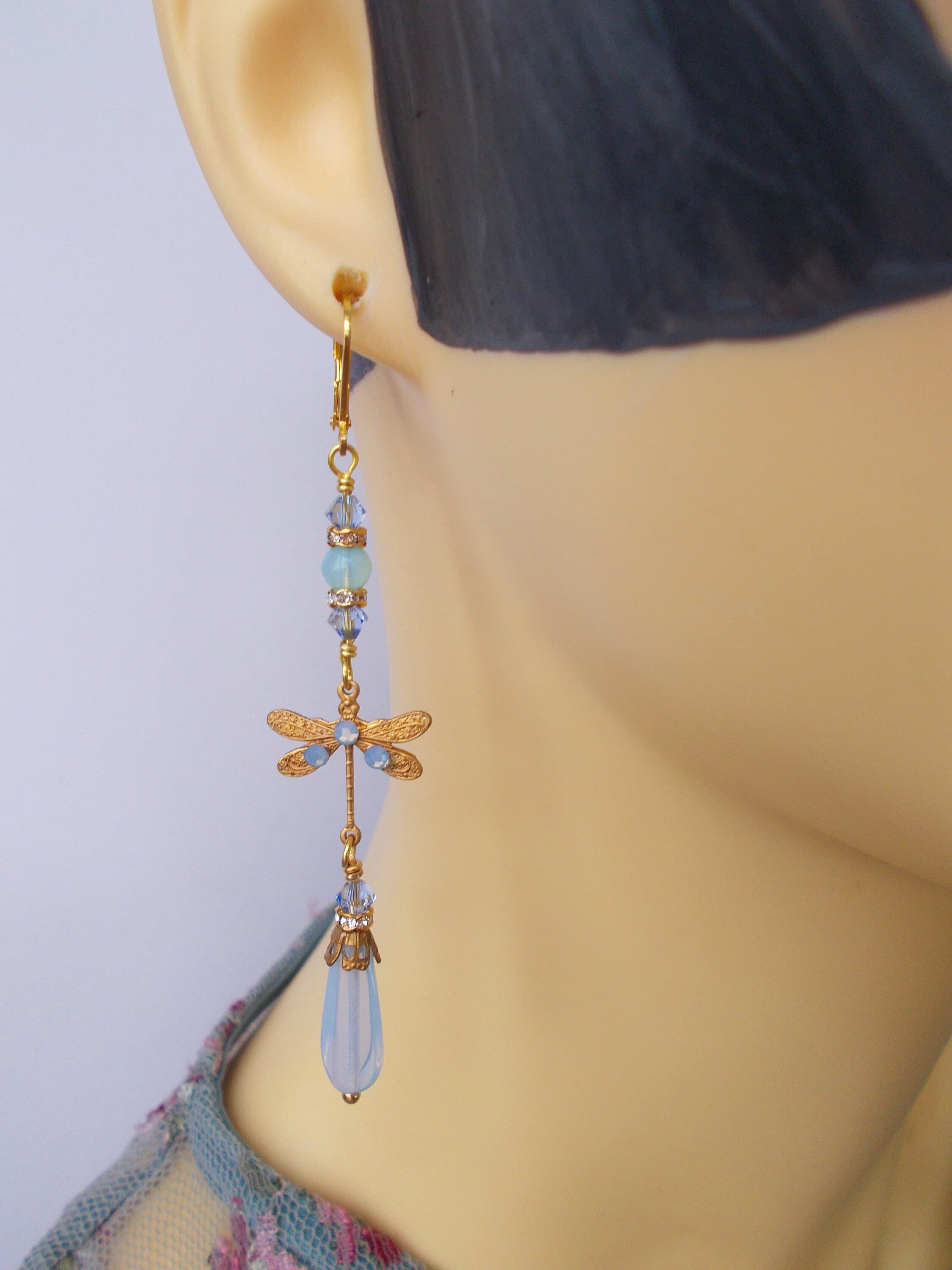 Earrings - Art Deco Inspired Dragonfly Earrings: Pale Blue Glass, Gold Plated Lever Backs and Brass Findings - image 3