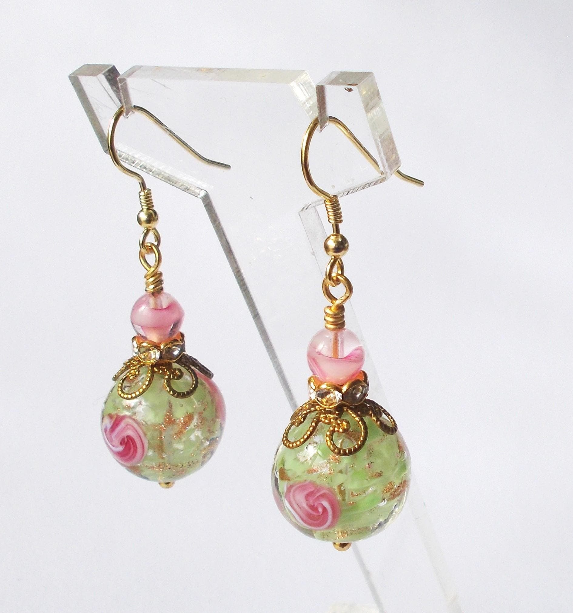 Earrings - Handmade Vintage Venetian Glass Beads, Brass Findings and Gold Vermeil Ear Hooks