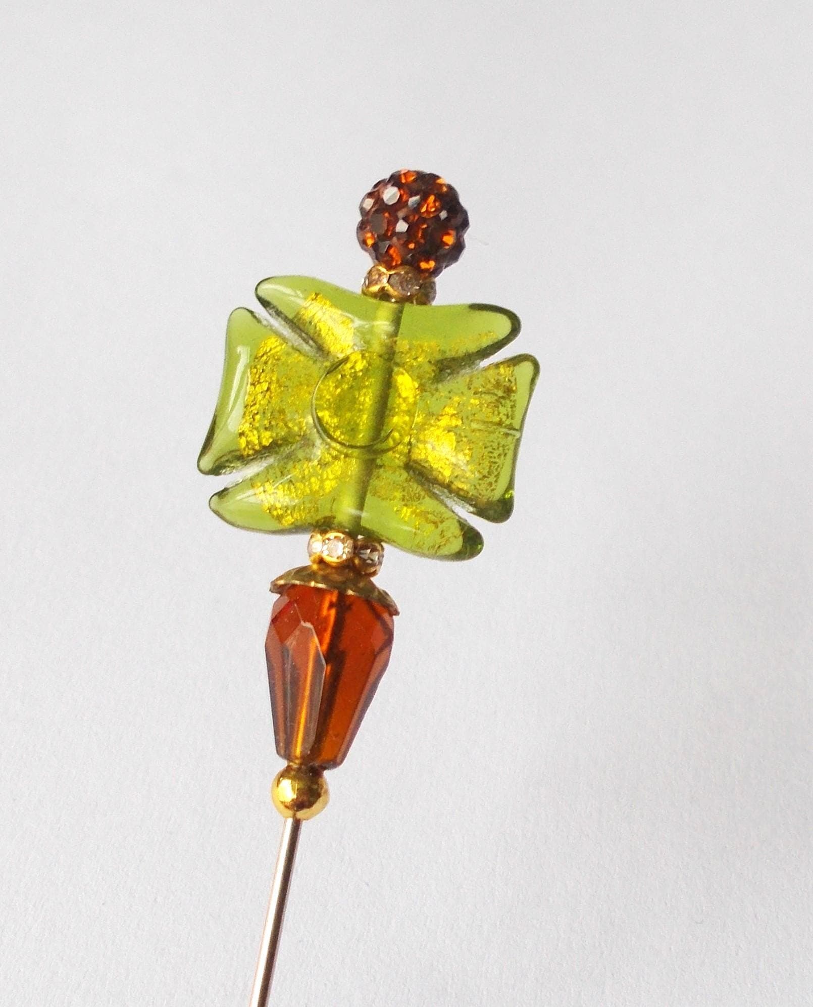 Hatpin - Green and Brown Glass Bead & Gold Coloured - 6 inches - 1mm Diameter Steel Pin. - image 4