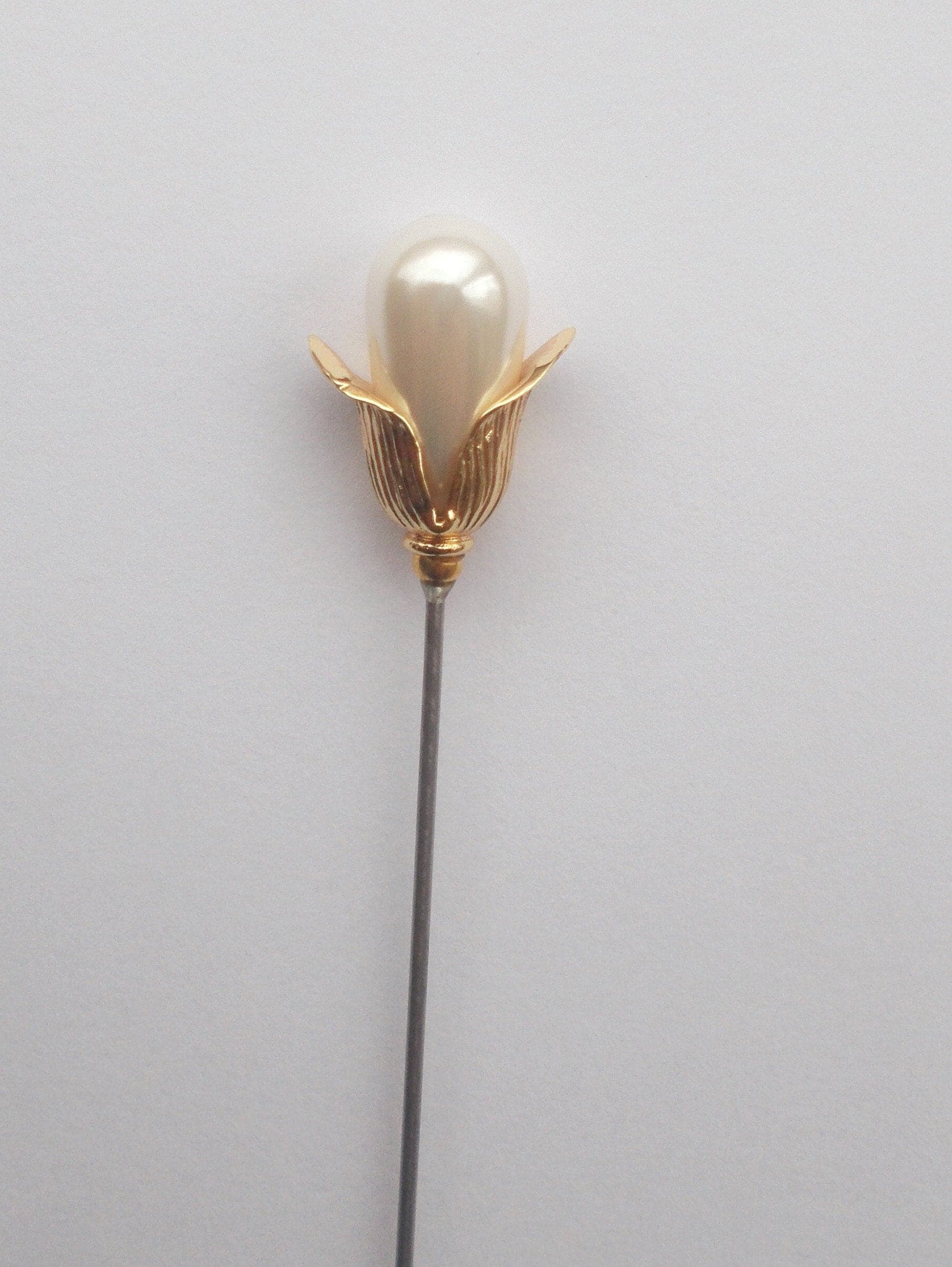 Hatpin - Snowdrop Inspired Classic White Faux Pearl Hat Pin/ Veil Pin & Gold Coloured Findings approx 5.5 inch Handmade 1.2mm Diameter Steel - image 4
