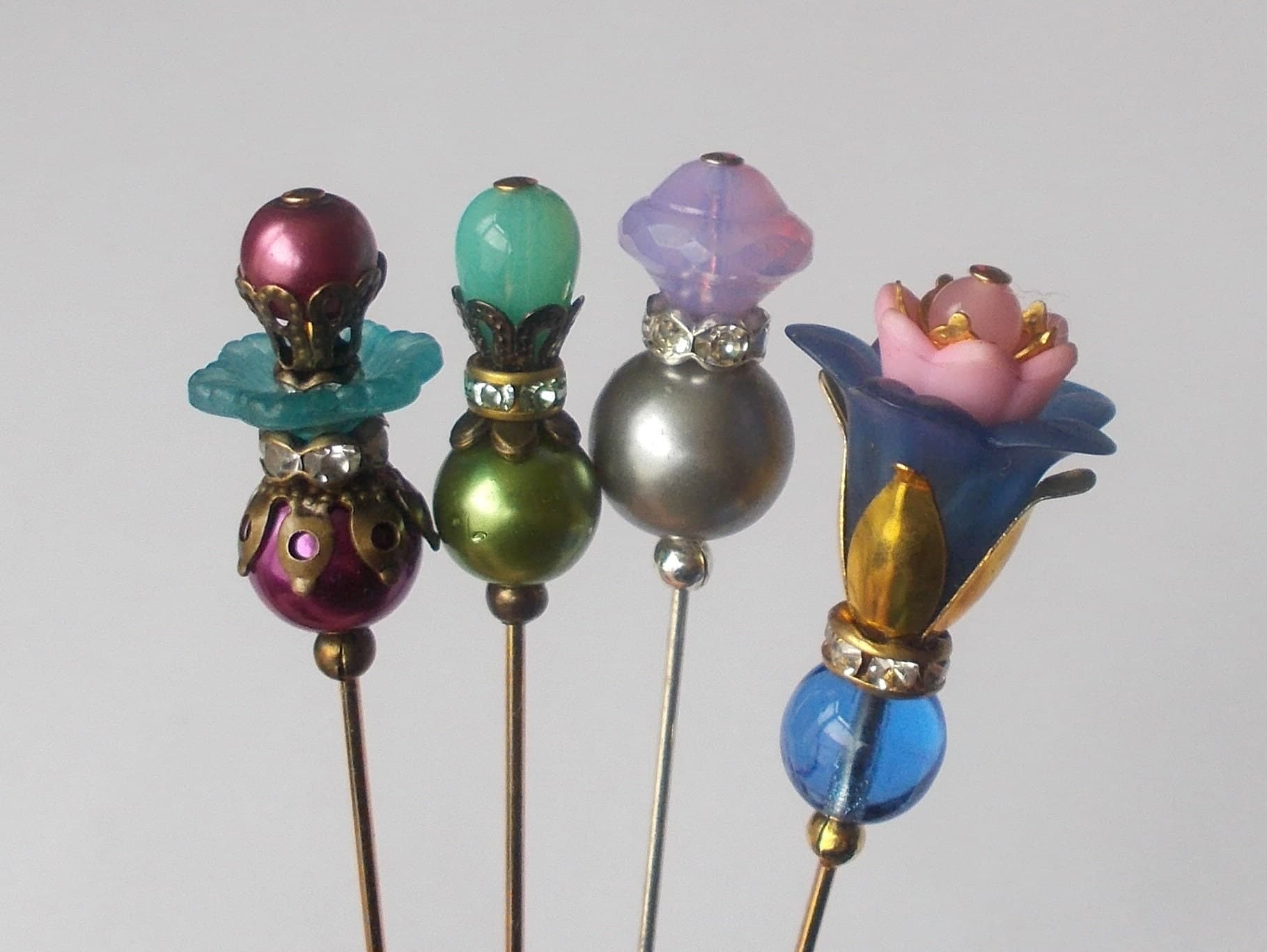 Beaded Hijab Pins: Faux Pearl, Glass, Lucite - Handmade Set of 4 - image 3