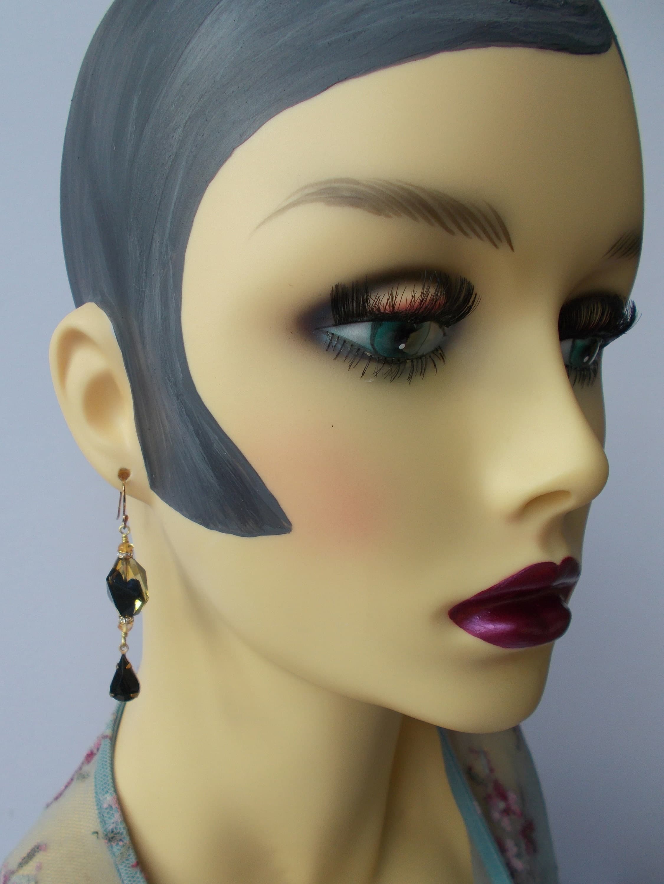 Vintage Glass Bead Earrings: Black Rhinestone Gold Vermeil Dangle Earrings - image 5