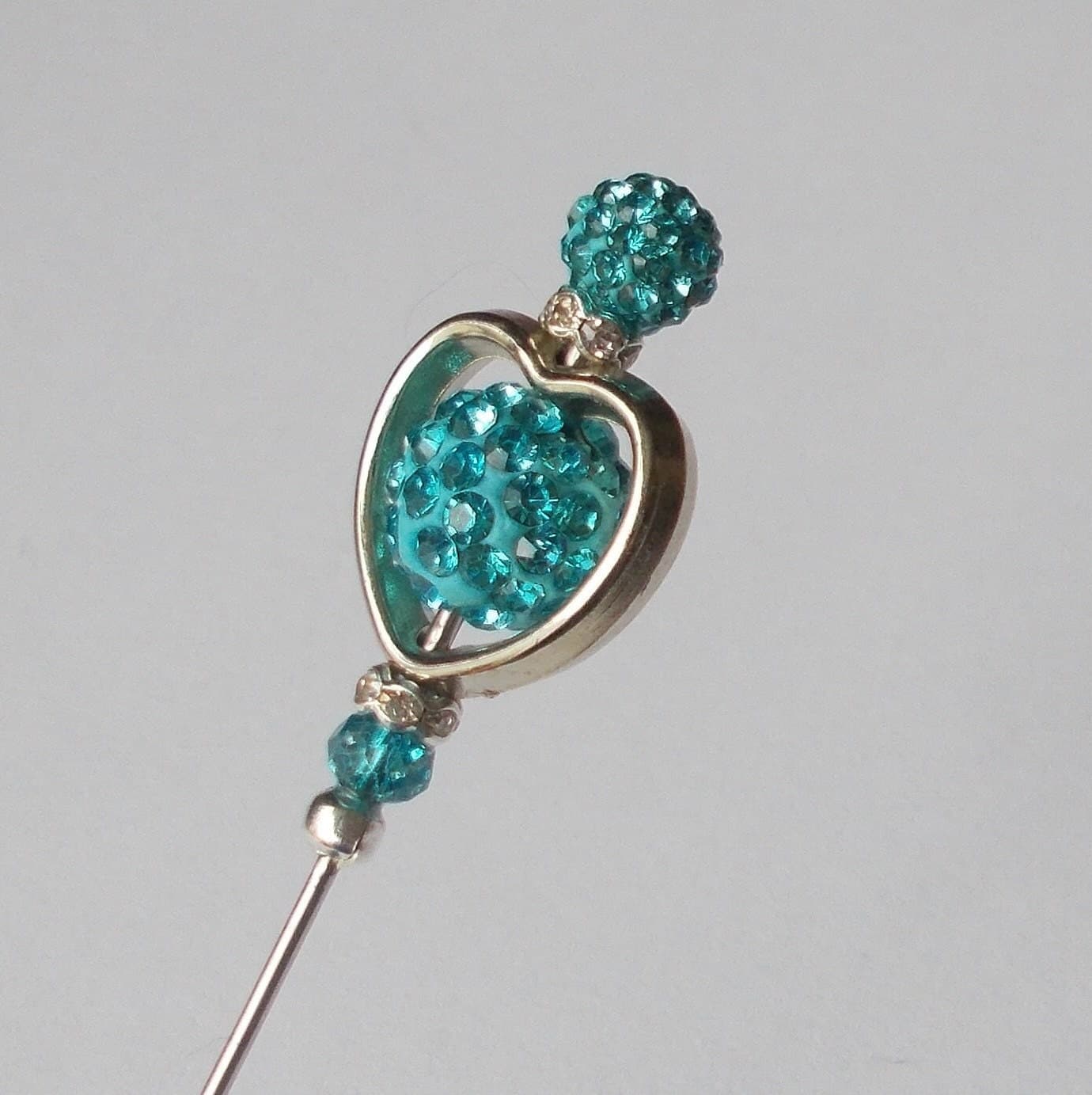Handmade Hatpin: Silver Heart, Blue Glass Beads (5.25 inch) - image 4