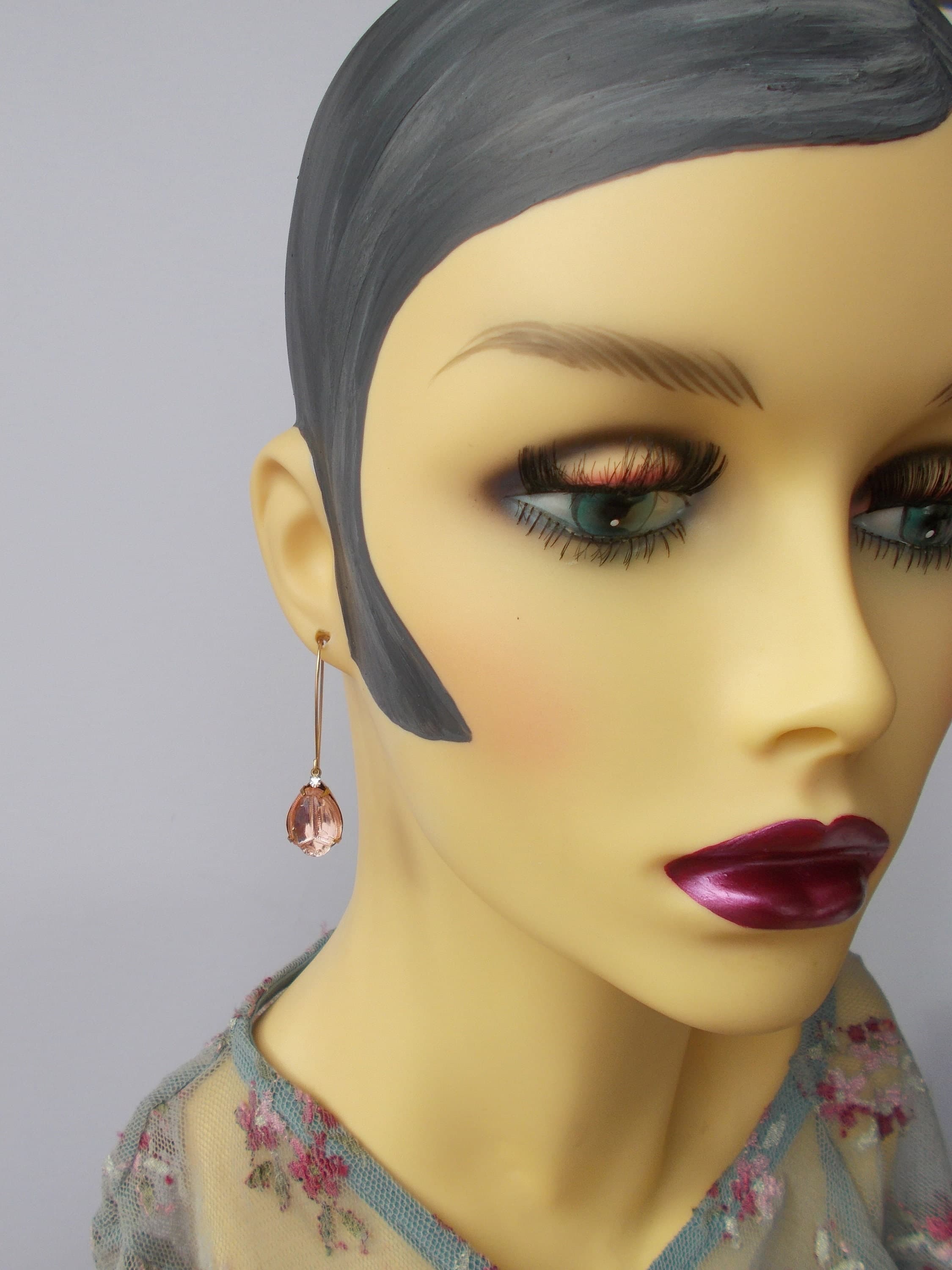 Vintage Pale Pink Scarab Glass Stone Earrings: Brass & Crystal - image 5