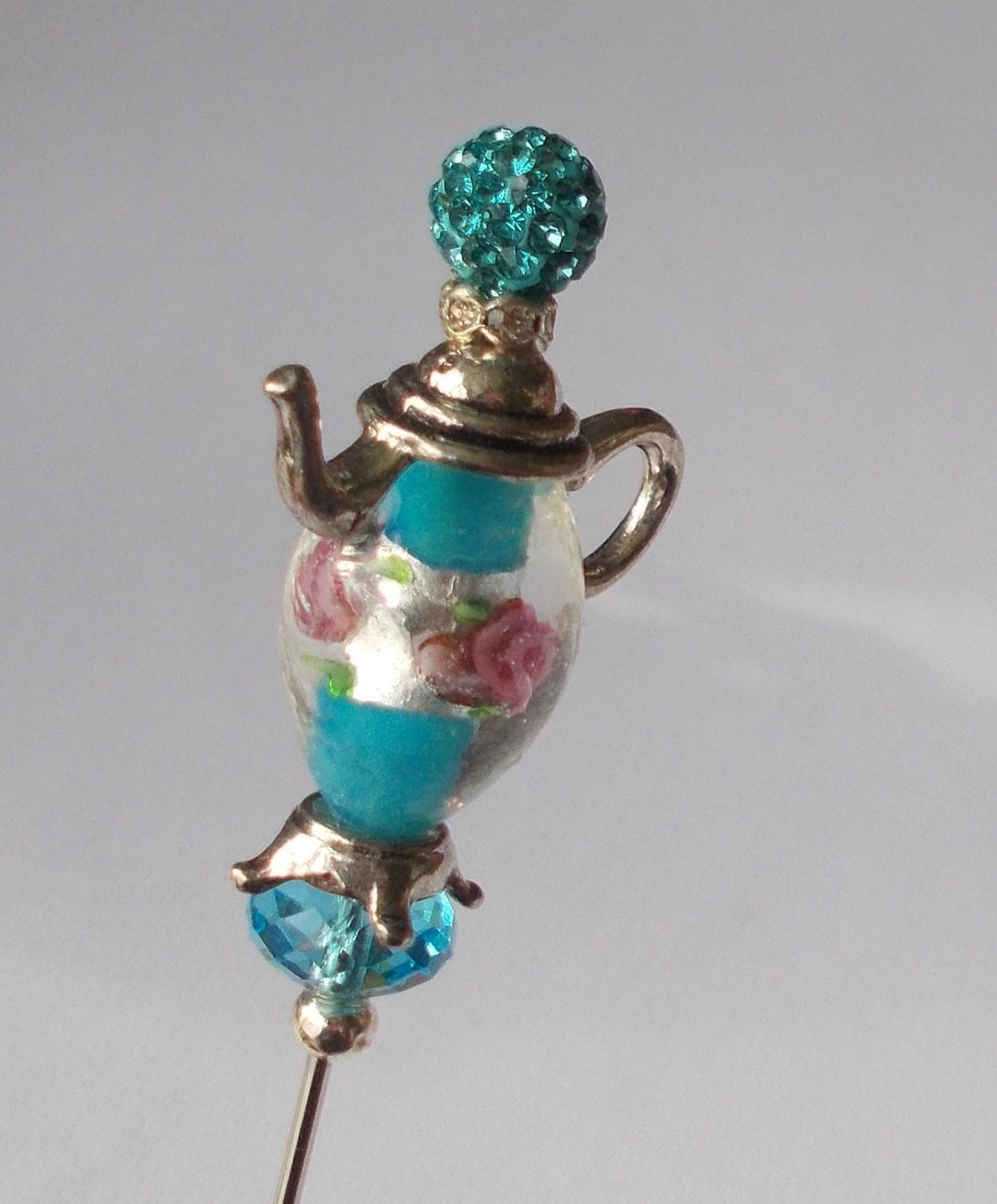 Hatpin -  Blue Glass Bead, Silver Color Teapot Handmade Hatpin, 1mm Diameter Steel Pin, 4.5 Inches Long. - image 3