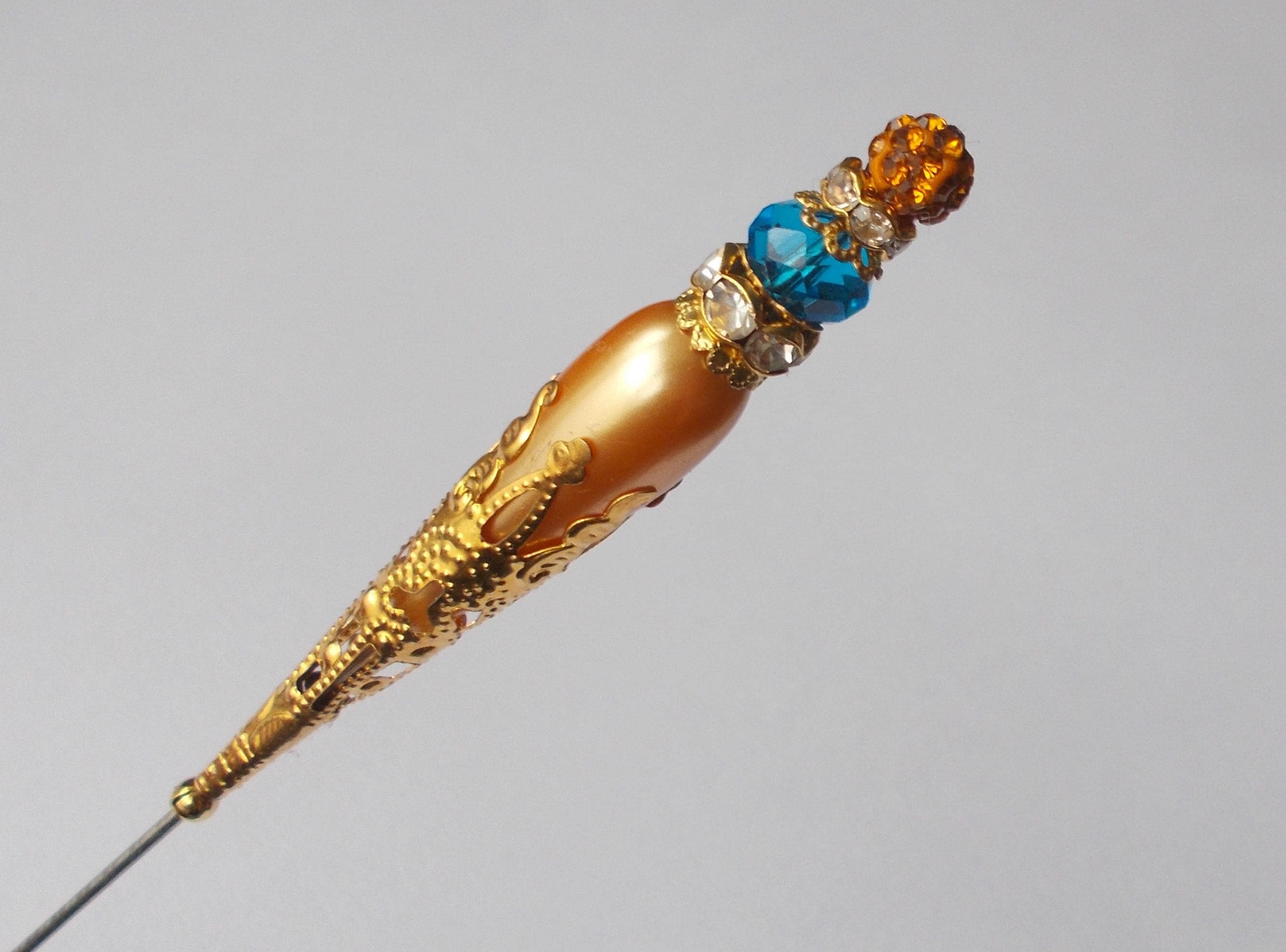 Hatpin - Orange Faux Pearl & Blue Glass Bead Handmade Hatpin, 1.2mm Diameter Steel Pin, 6.25 Inches Long.