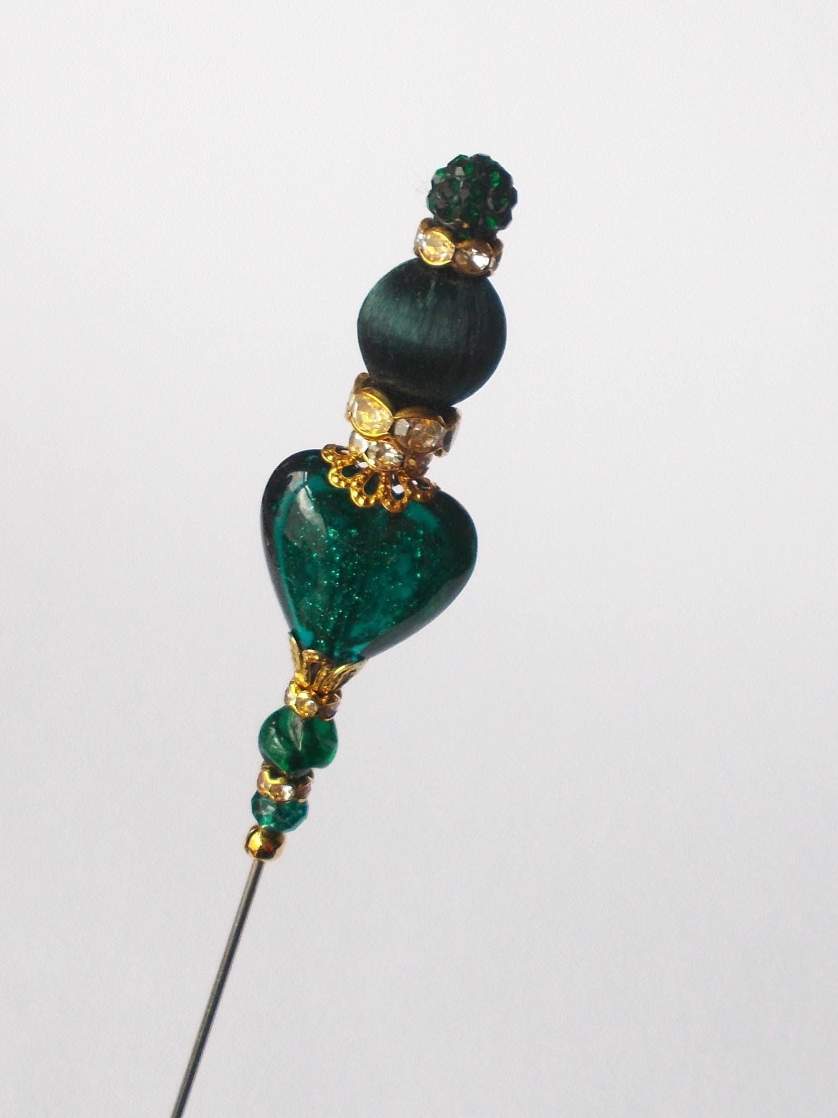 Hatpin - Handmade Dark Green Mix Glass Bead 7 inch Hatpin / 1mm Diameter Steel Pin - image 4