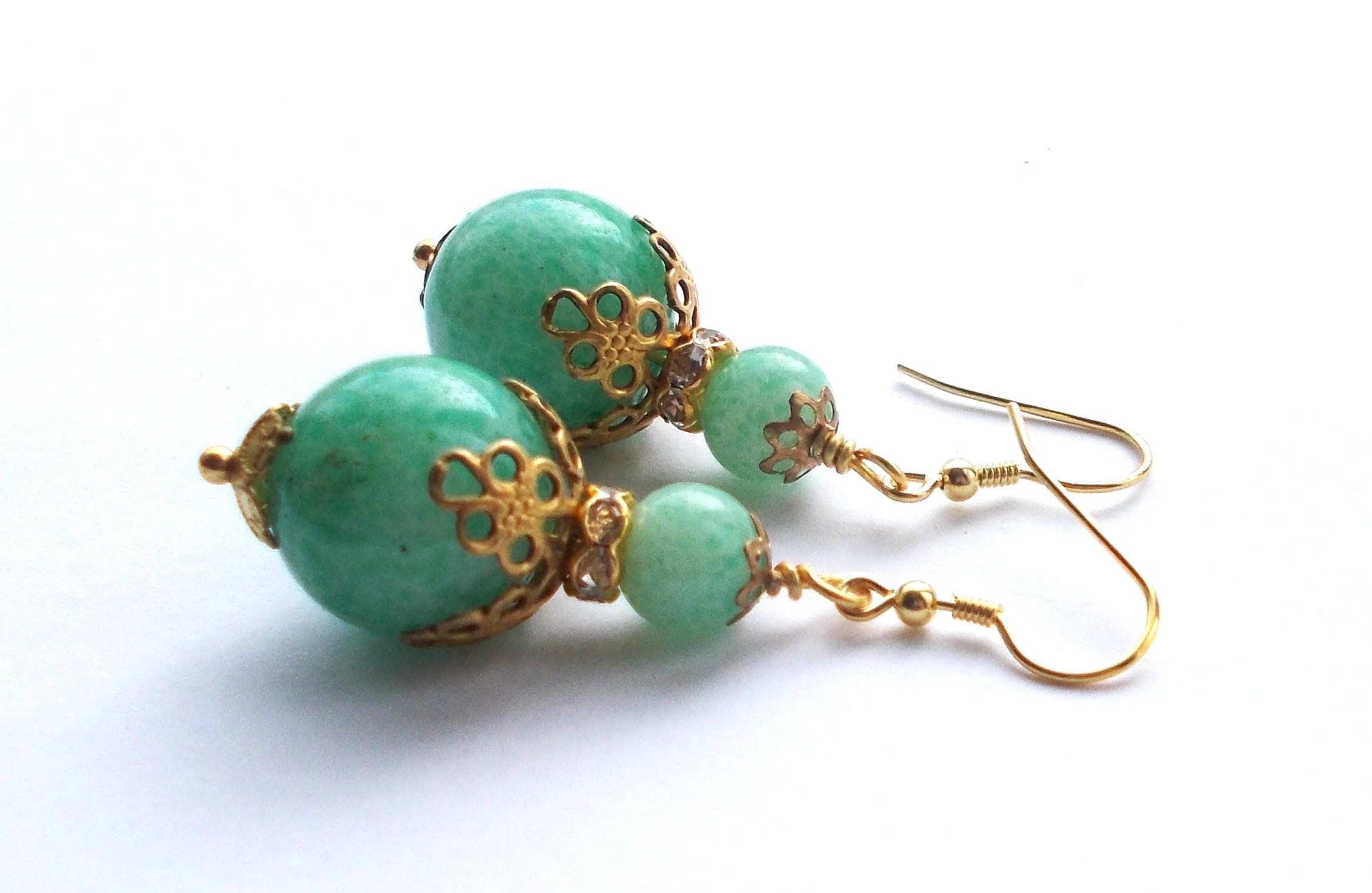 Earrings - Vintage Green Peking Glass Beads with Brass Findings - Gold Vermeil Ear Hooks - image 5