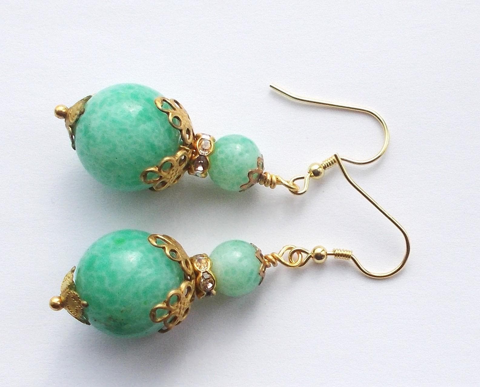 Earrings - Vintage Green Peking Glass Beads with Brass Findings - Gold Vermeil Ear Hooks