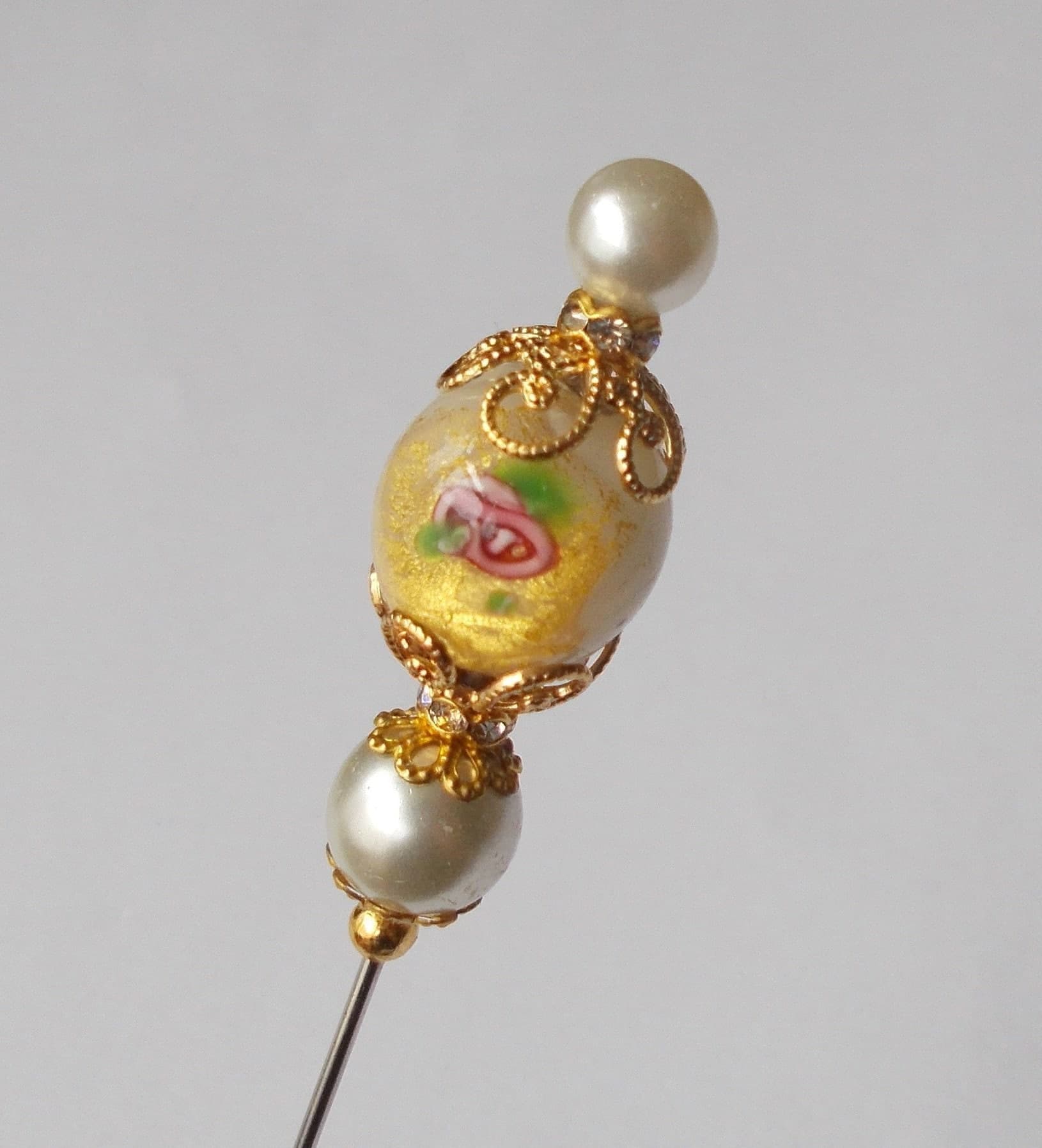 Handmade Faux Pearl Hatpin: Vintage Gold Foil Glass Bead Decoration - image 3