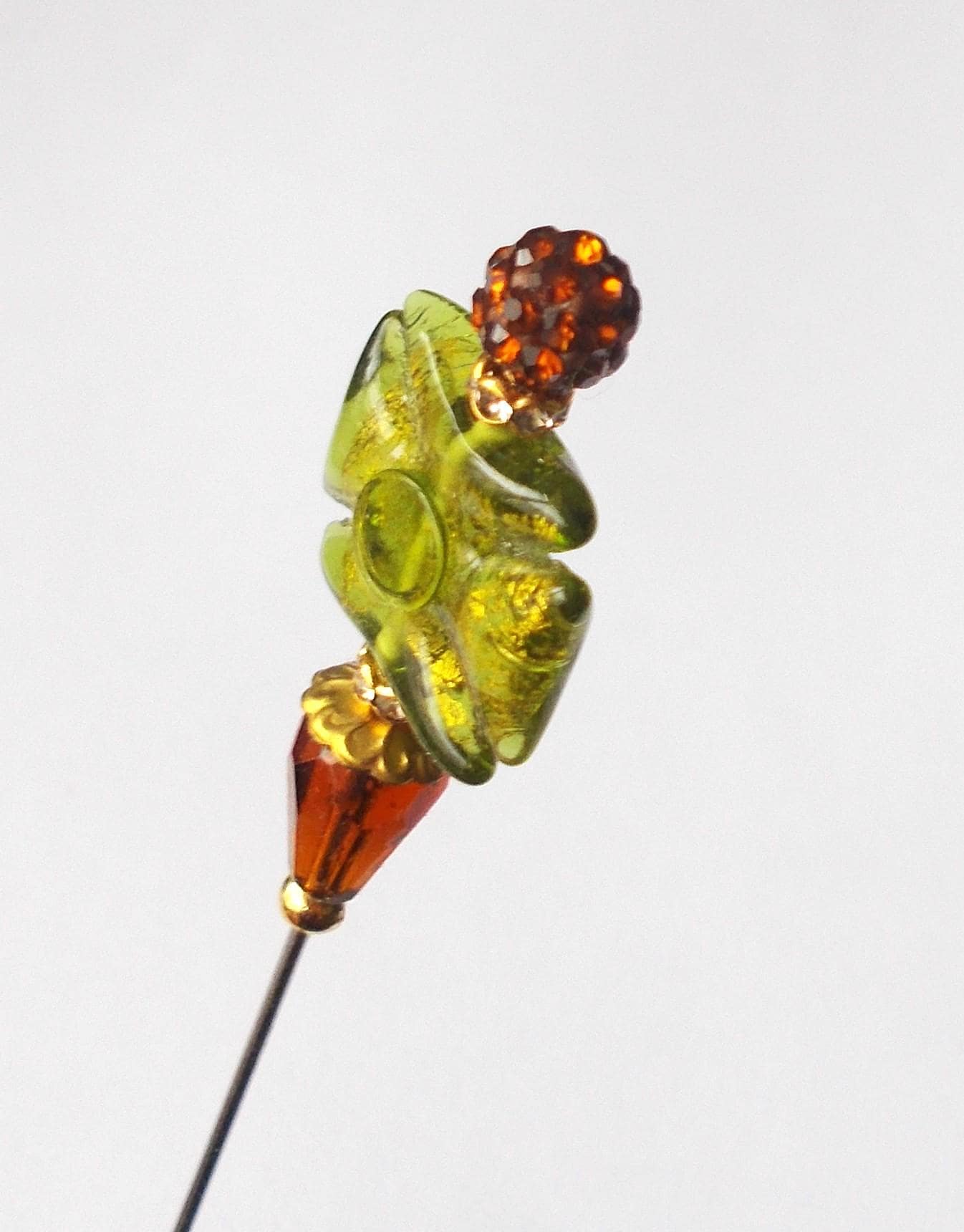 Hatpin - Green and Brown Glass Bead & Gold Coloured - 6 inches - 1mm Diameter Steel Pin. - image 5