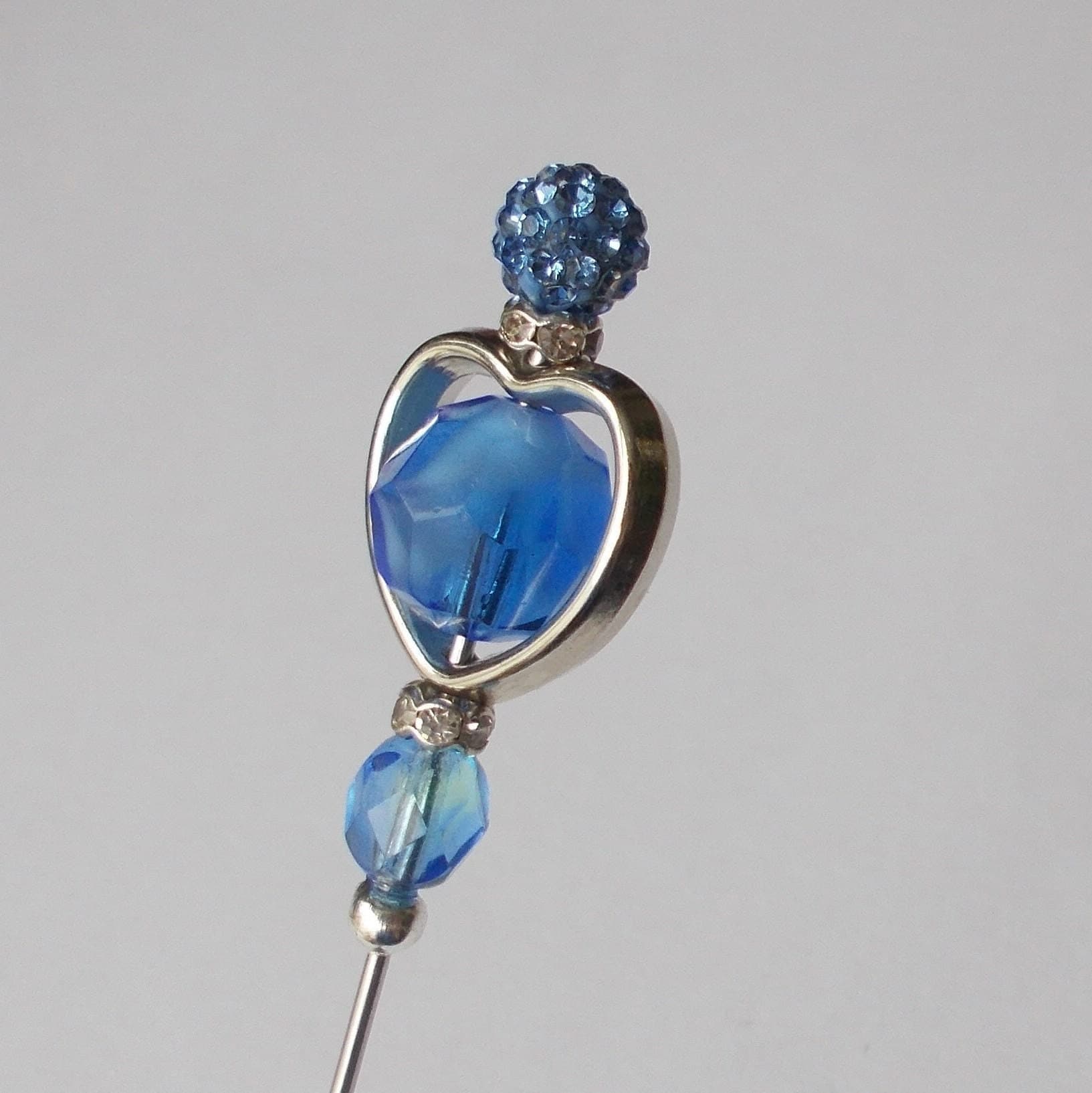 Handmade Silver Heart Hatpin: Blue Glass Bead Accent - image 5
