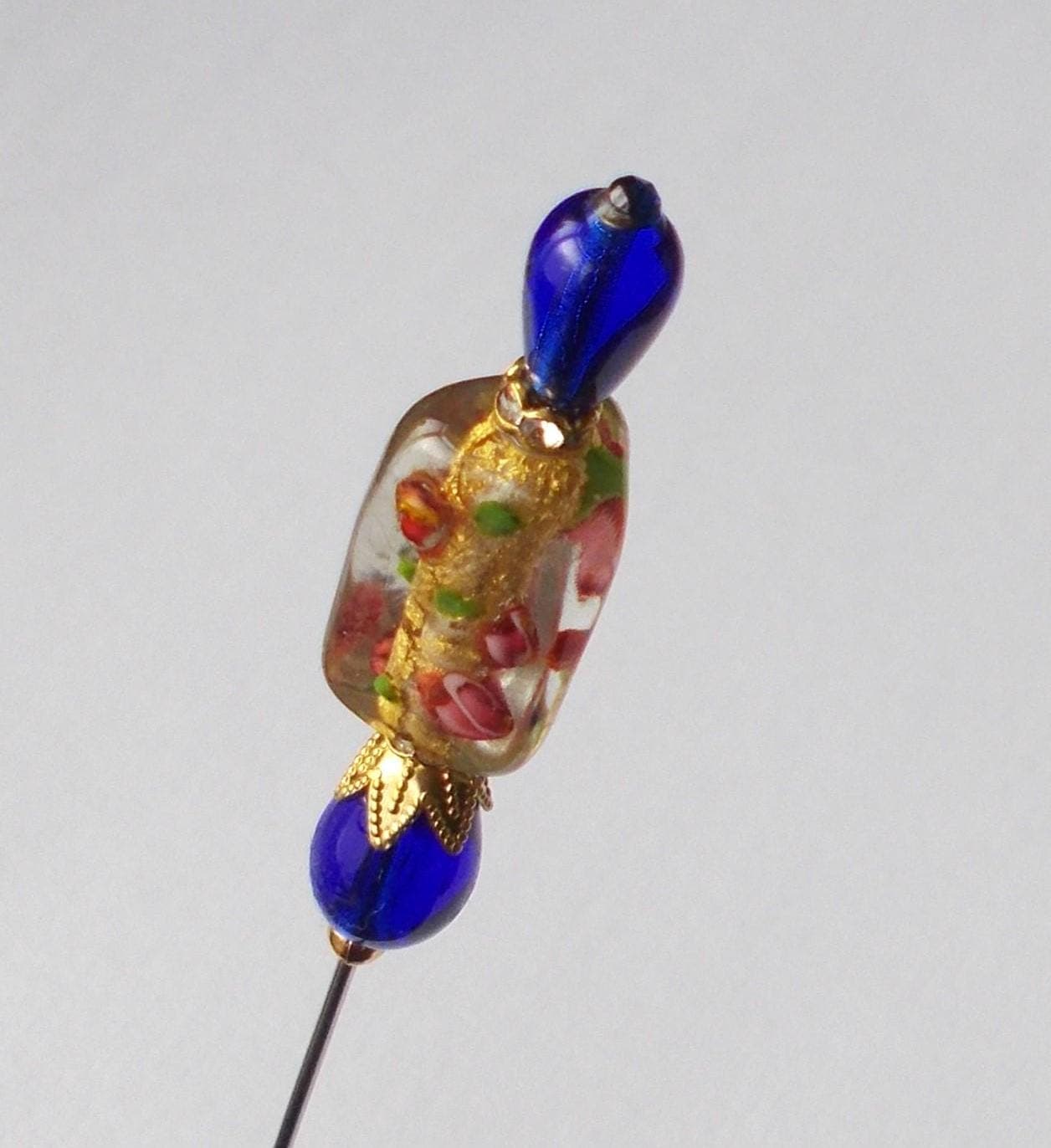 Handmade Gold Foil Floral Glass Hatpin - Cobalt Blue Accent - image 5