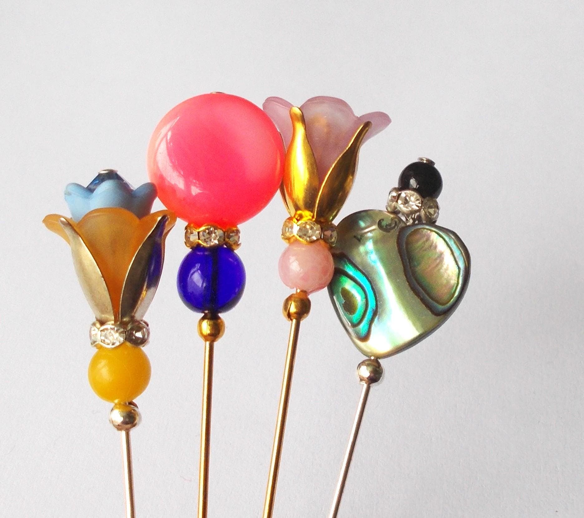 4 Hijab / Lapel / Veil Pins - Handmade Glass / Faux Pearl & Lucite Hat Pins - image 3
