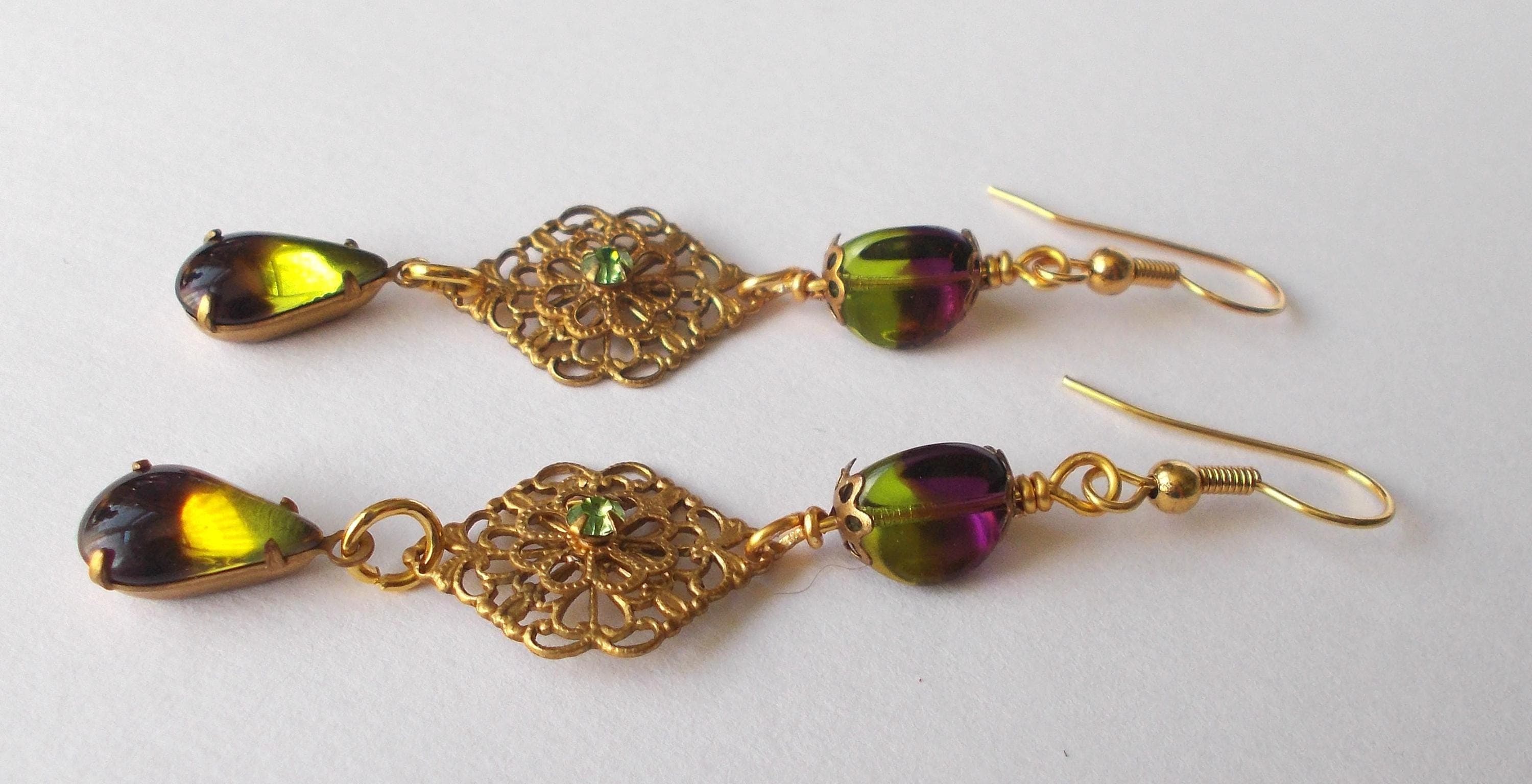 Earrings - Handmade Victorian Style Vintage Glass Beads and Rhinestones - Brass Findings - image 3