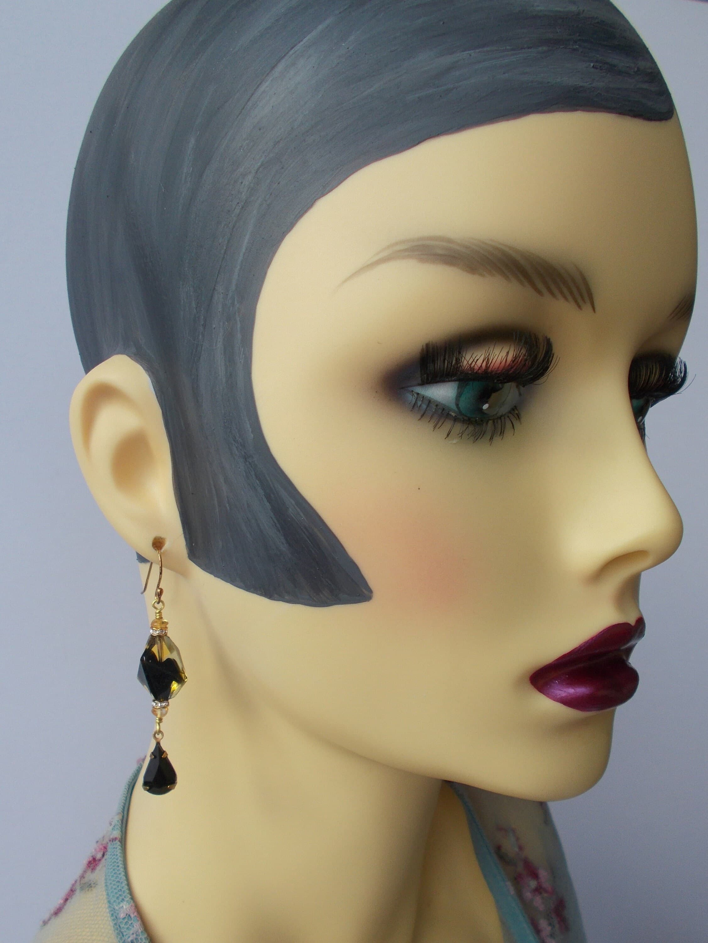 Vintage Glass Bead Earrings: Black Rhinestone Gold Vermeil Dangle Earrings - image 4