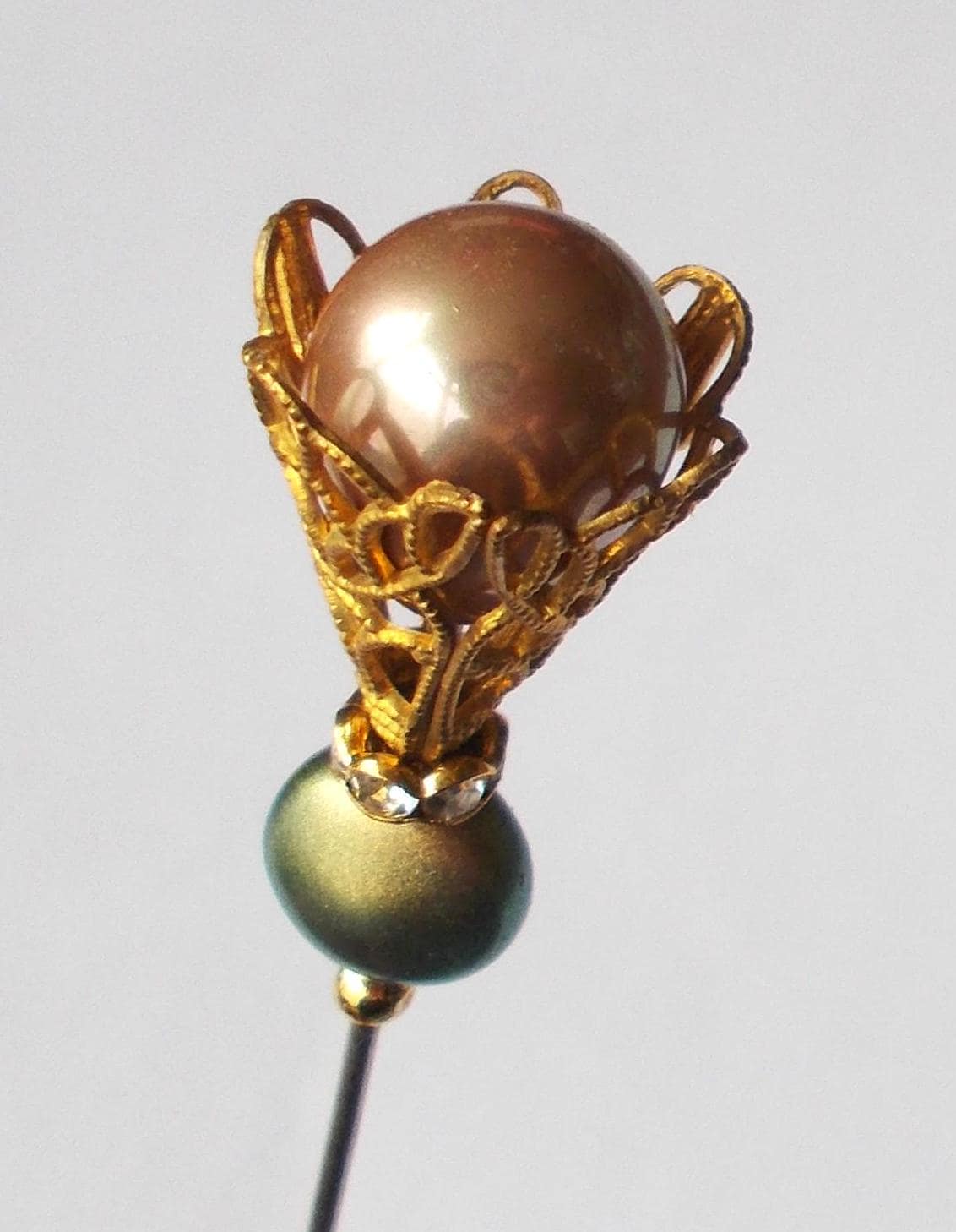 Handmade Champagne & Green Faux Pearl Hatpin with Gold Filigree - image 5