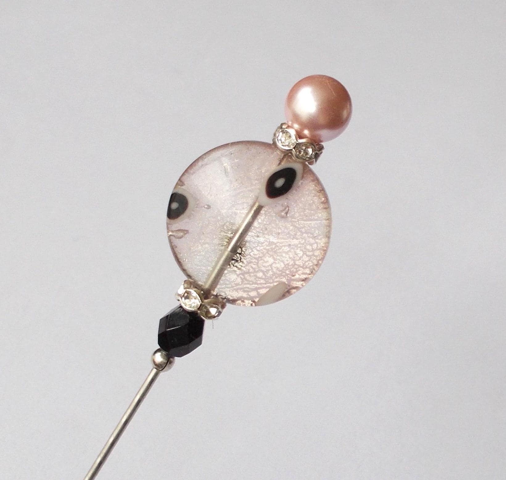 Handmade Pink Glass Bead Hatpin: Rhinestone & Faux Pearl Accent
