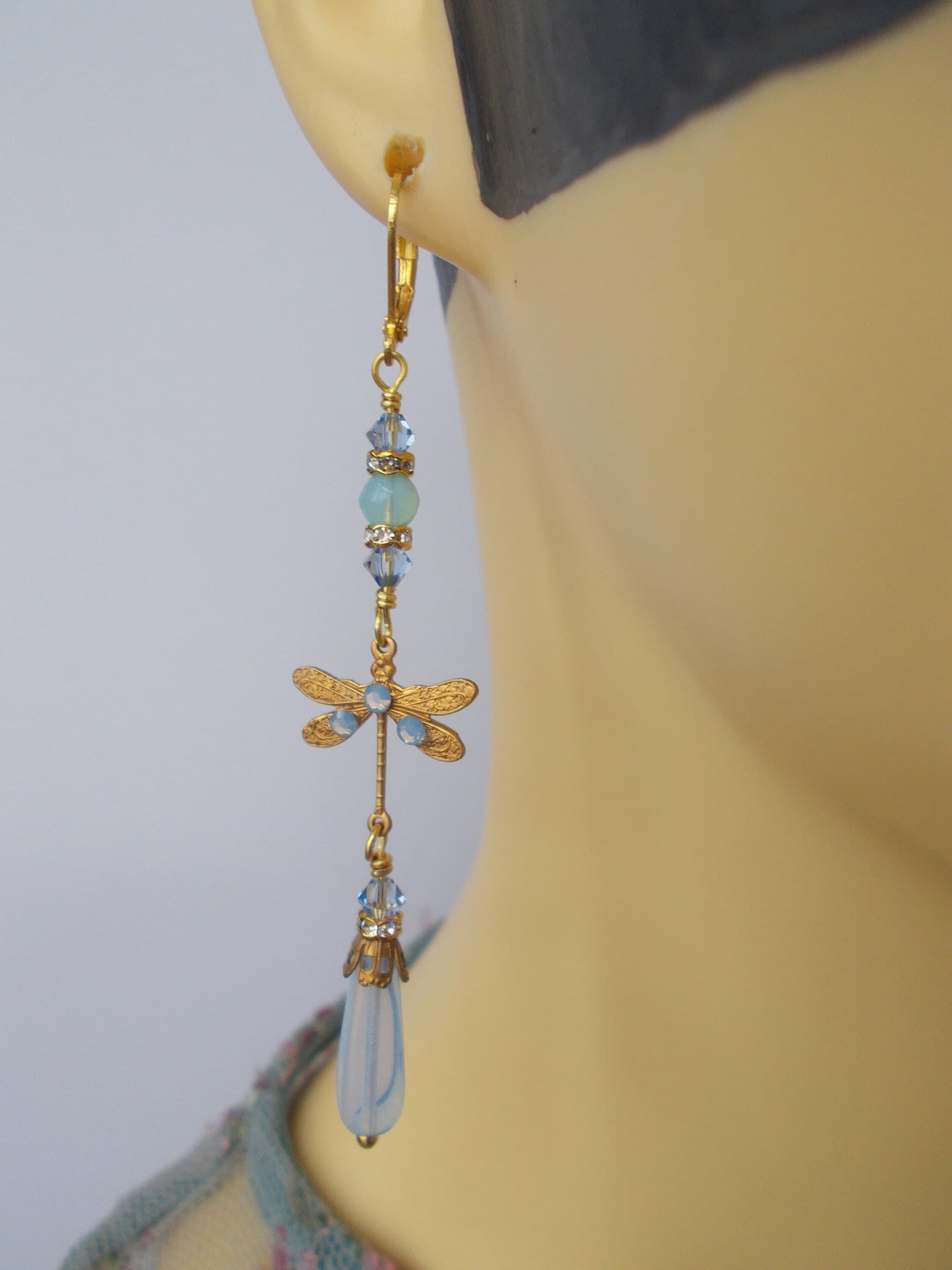 Earrings - Art Deco Inspired Dragonfly Earrings: Pale Blue Glass, Gold Plated Lever Backs and Brass Findings - image 4