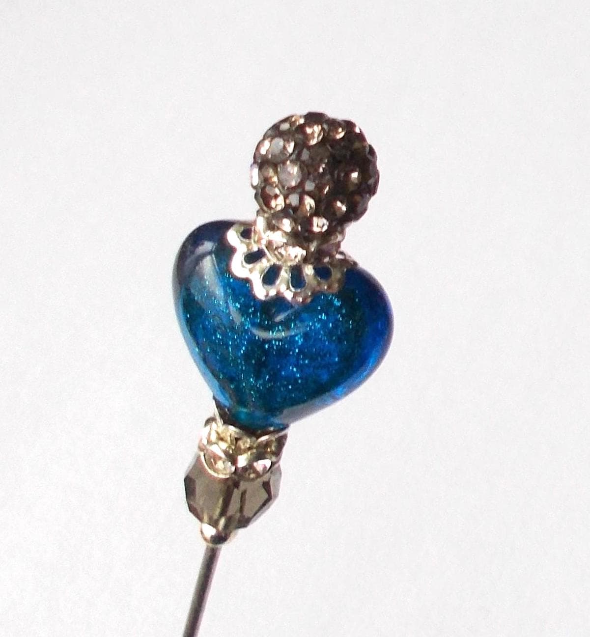 Blue Glitter Heart Hatpin: Handmade Rhinestone Steel Pin (5.25 inch) - image 4