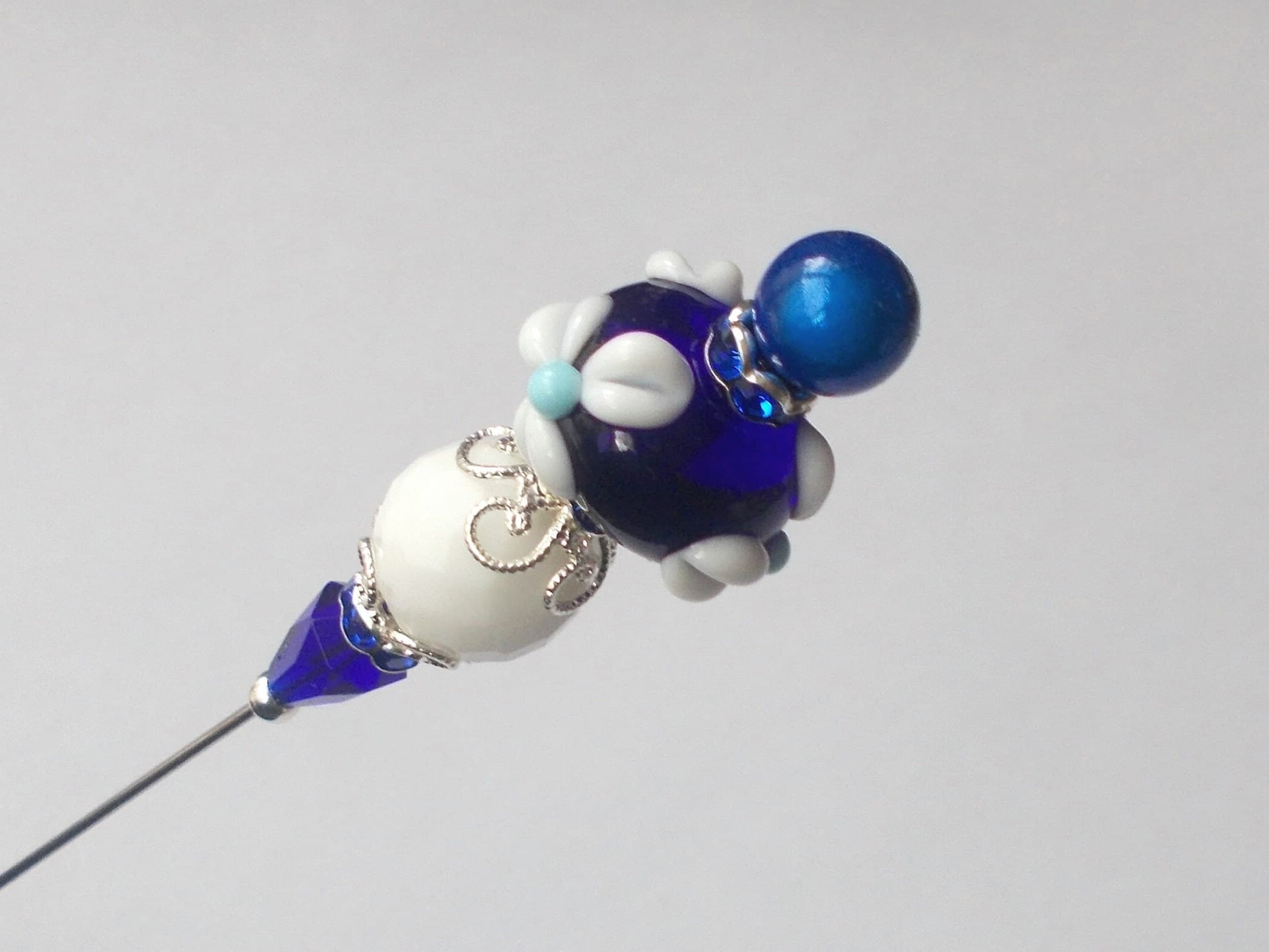 Handmade Cobalt Blue Glass Bead Hatpin - Silver Tone - 7.25 Inch - image 5