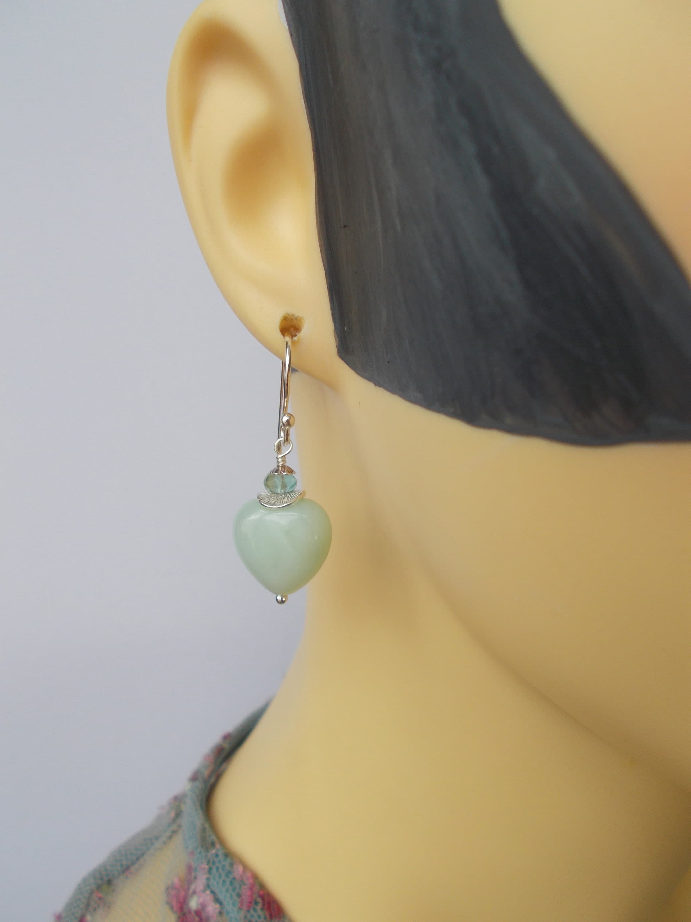 Handmade 925 Silver Earrings: Green Jade Heart & Flourite Gemstone - image 4