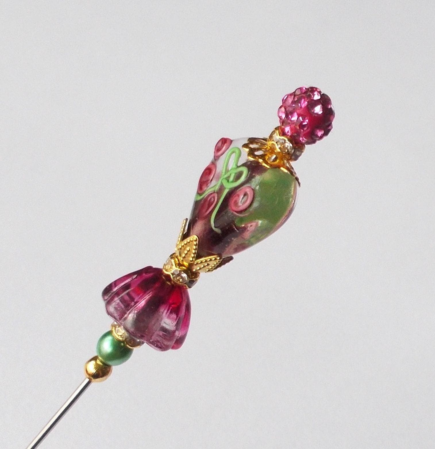 Floral Glass Heart Hatpin: Pink, Green & Gold Handmade Accessory