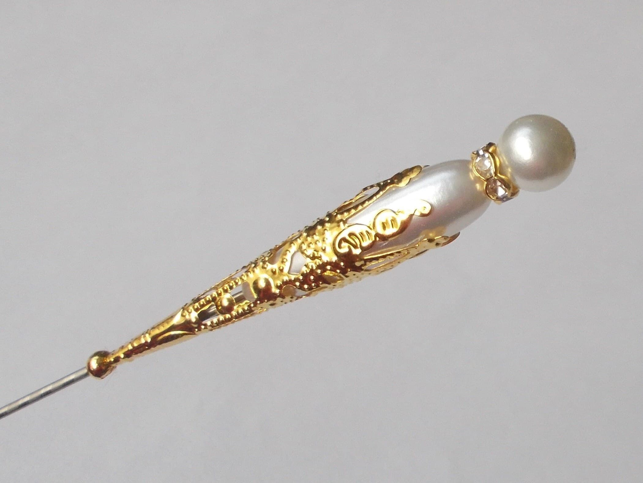 Handmade Faux Pearl Hatpin: Silver or Gold Steel Pin - image 3