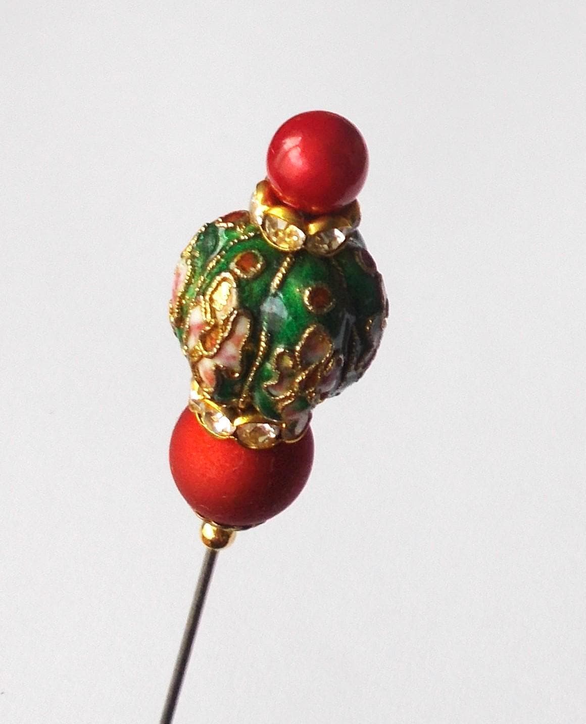 Hatpin - Pretty Handmade Green Cloisonne and Red Lucite 6.5 inches - 1.2mm Diameter Steel Pin - image 3