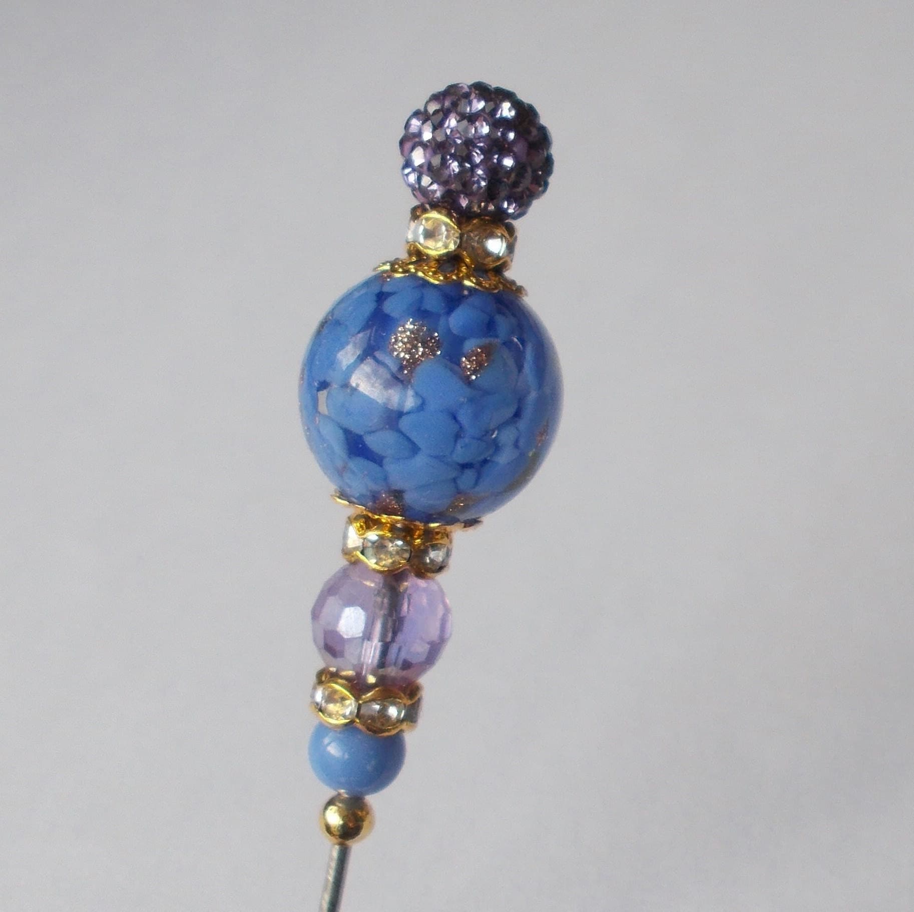 Blue & Gold Sommerso Glass Hatpin - Handmade Lilac Bead Steel Hat Pin
