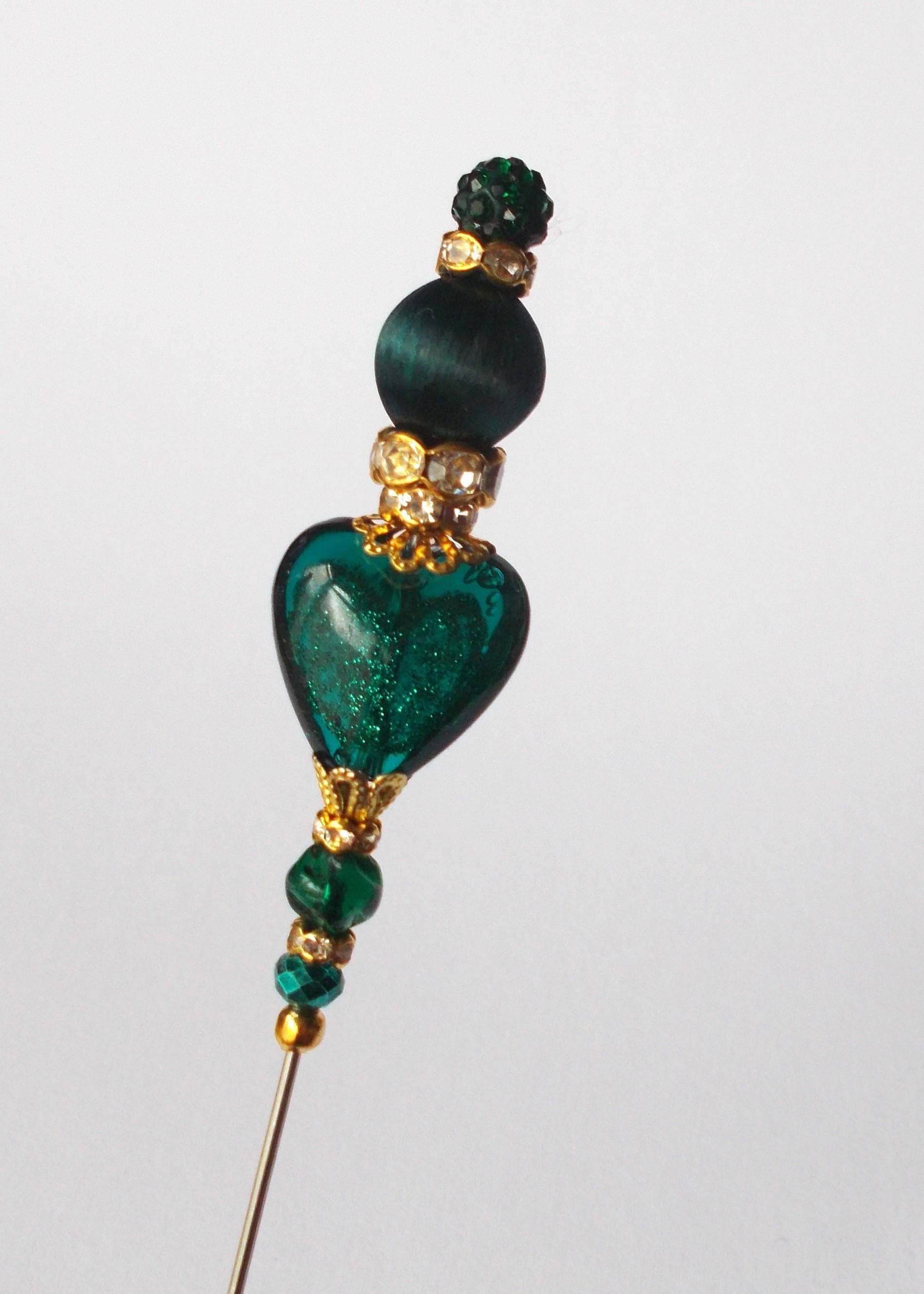 Hatpin - Handmade Dark Green Mix Glass Bead 7 inch Hatpin / 1mm Diameter Steel Pin - image 3