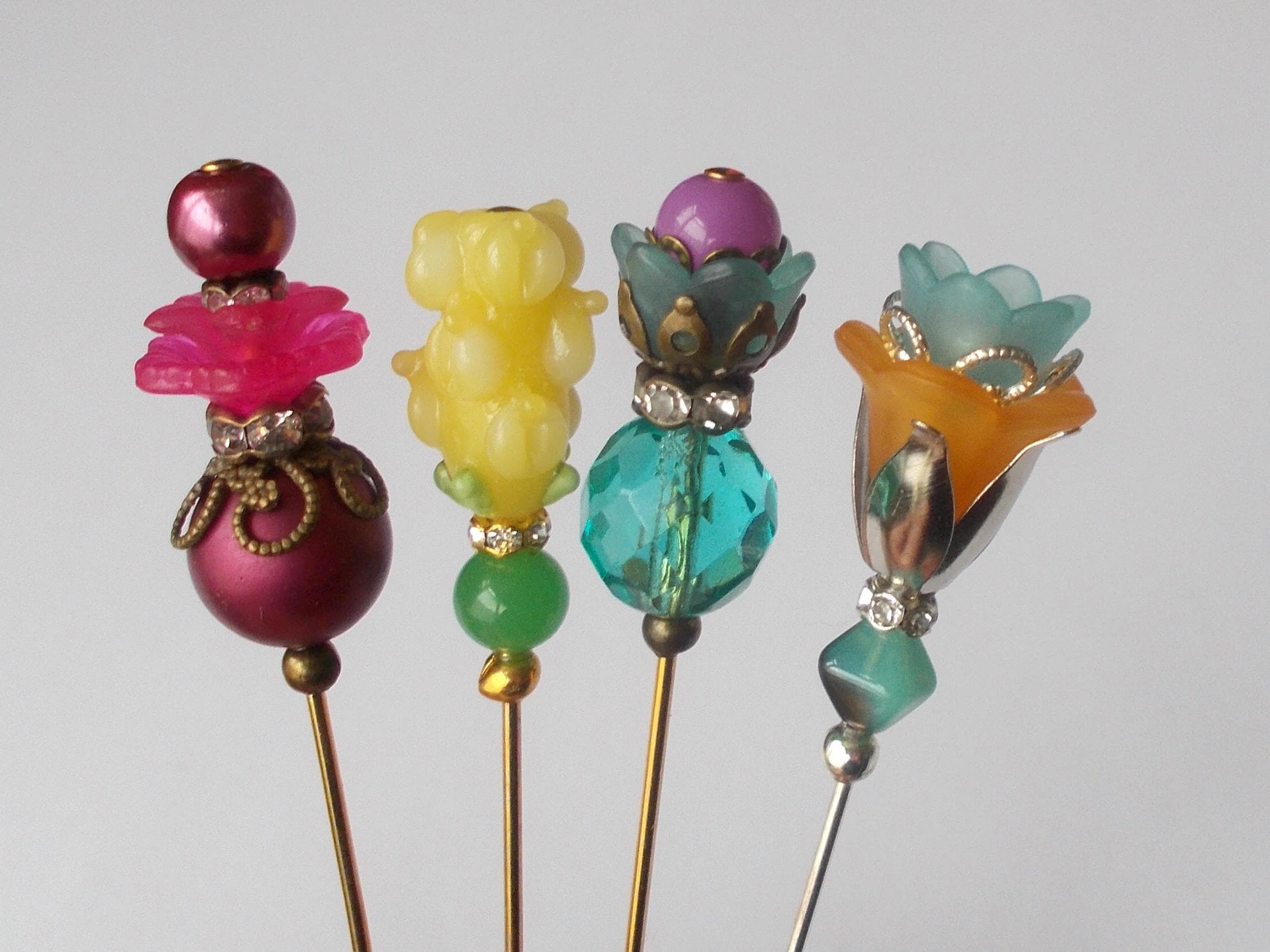 Handmade Beaded Hat Pins: Faux Pearl, Glass, Lucite - Set of 4 - image 3