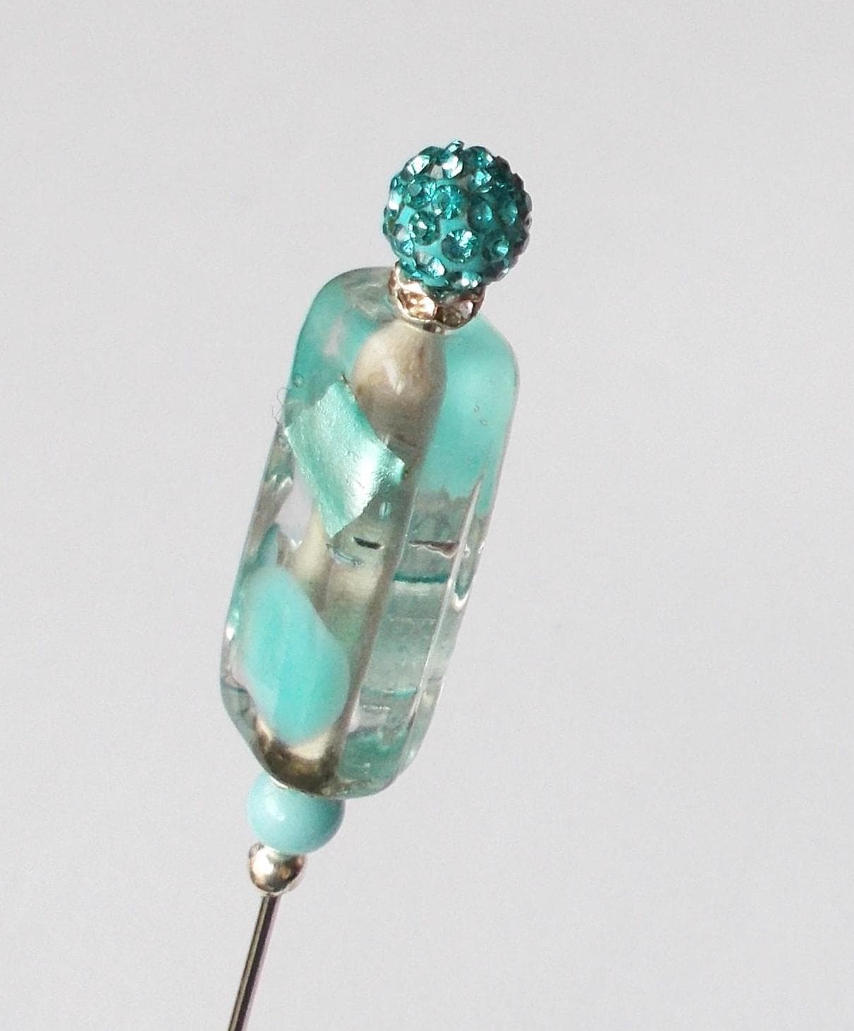 Handmade Pale Blue Glass Bead Hatpin - Silver Tone Steel (6.25 inch) - image 3
