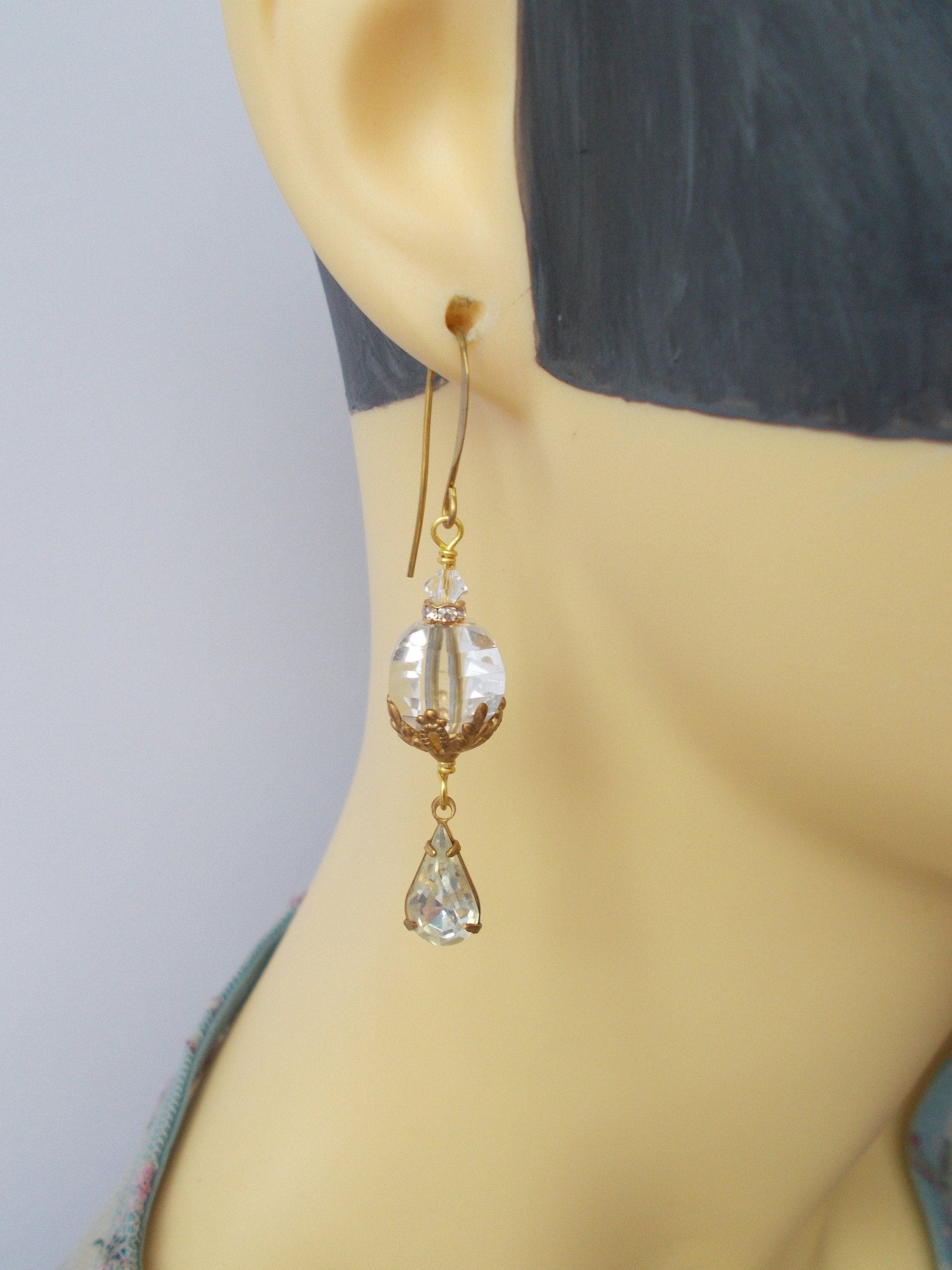 Vintage Crystal Rhinestone Earrings: Handmade Brass Floral Dangle - image 4