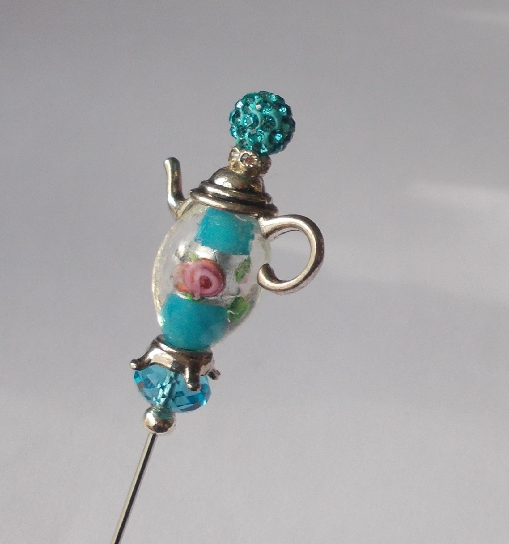 Hatpin -  Blue Glass Bead, Silver Color Teapot Handmade Hatpin, 1mm Diameter Steel Pin, 4.5 Inches Long.
