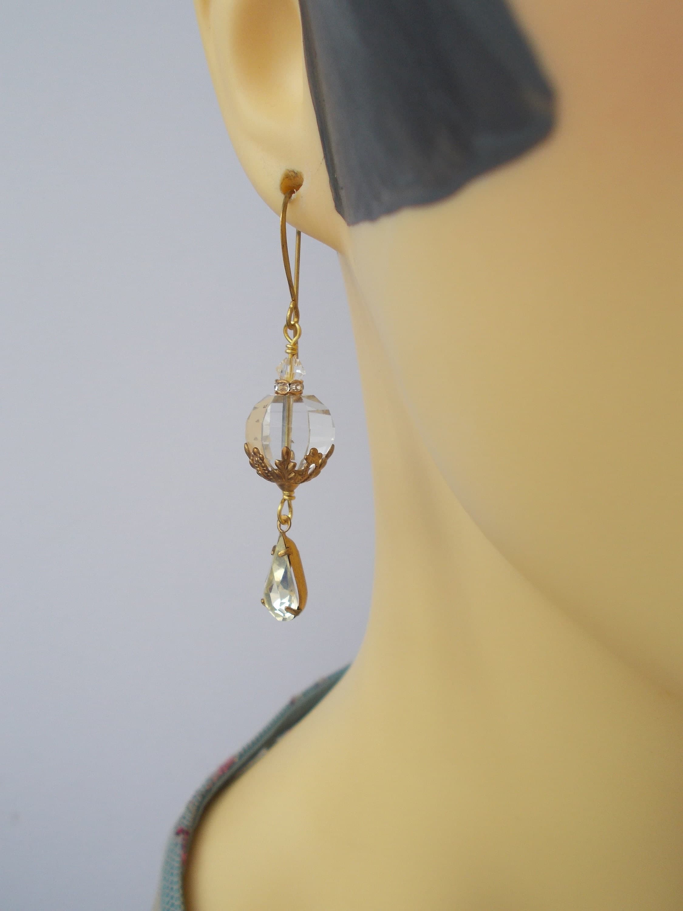 Vintage Crystal Rhinestone Earrings: Handmade Brass Floral Dangle