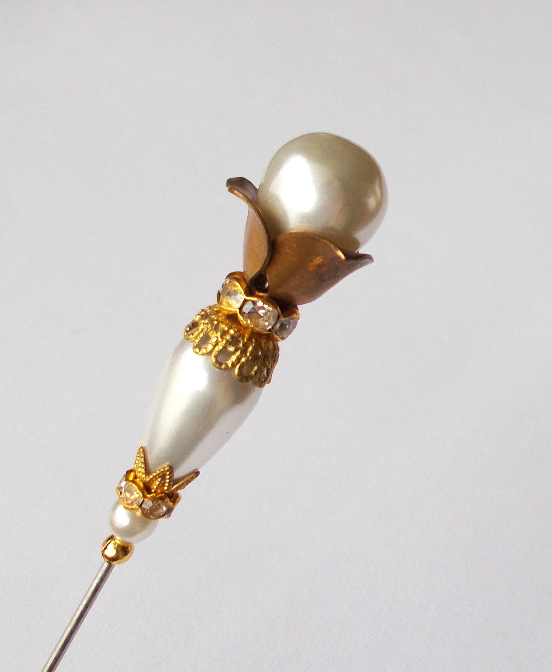Handmade Faux Pearl Hatpin: Vintage Gold Steel Pin (5.25 inch) - image 4